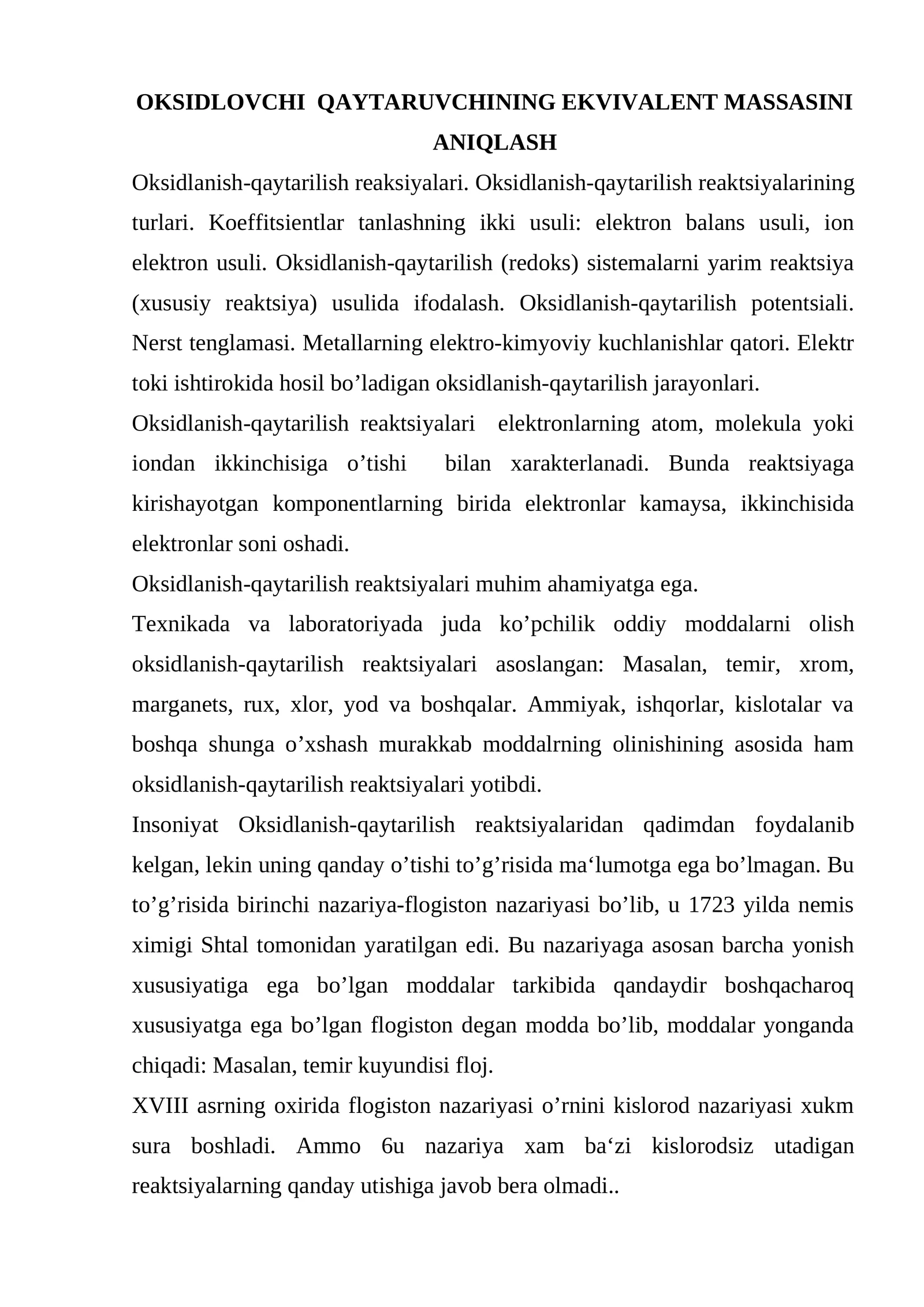 Oksidlovchi qaytaruvchining ekvivalent massasini aniqlash