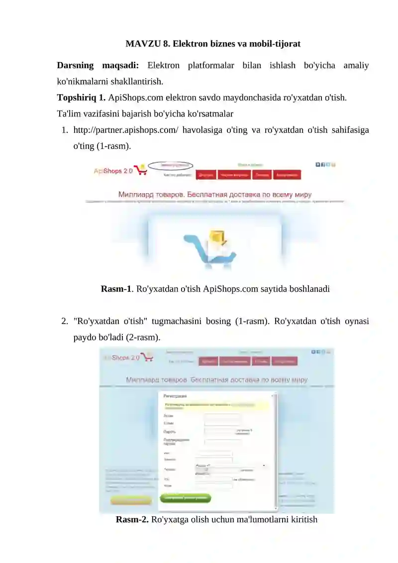 ApiShops.com elektron savdo maydonchasida ro'yxatdan o'tish