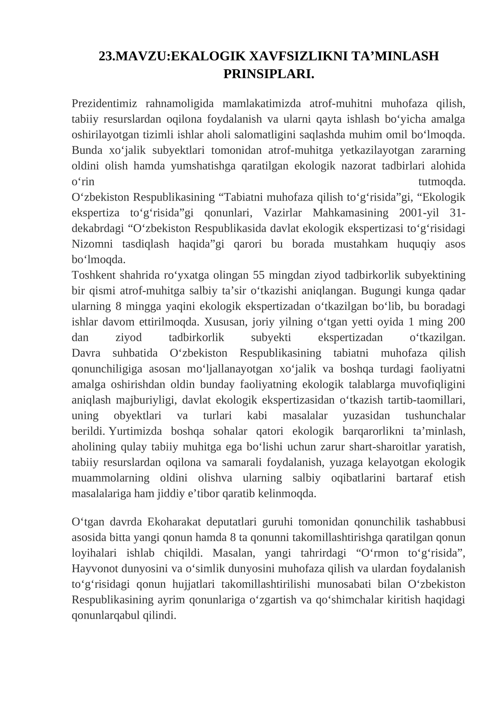 EKALOGIK XAVFSIZLIKNI TA’MINLASH PRINSIPLARI