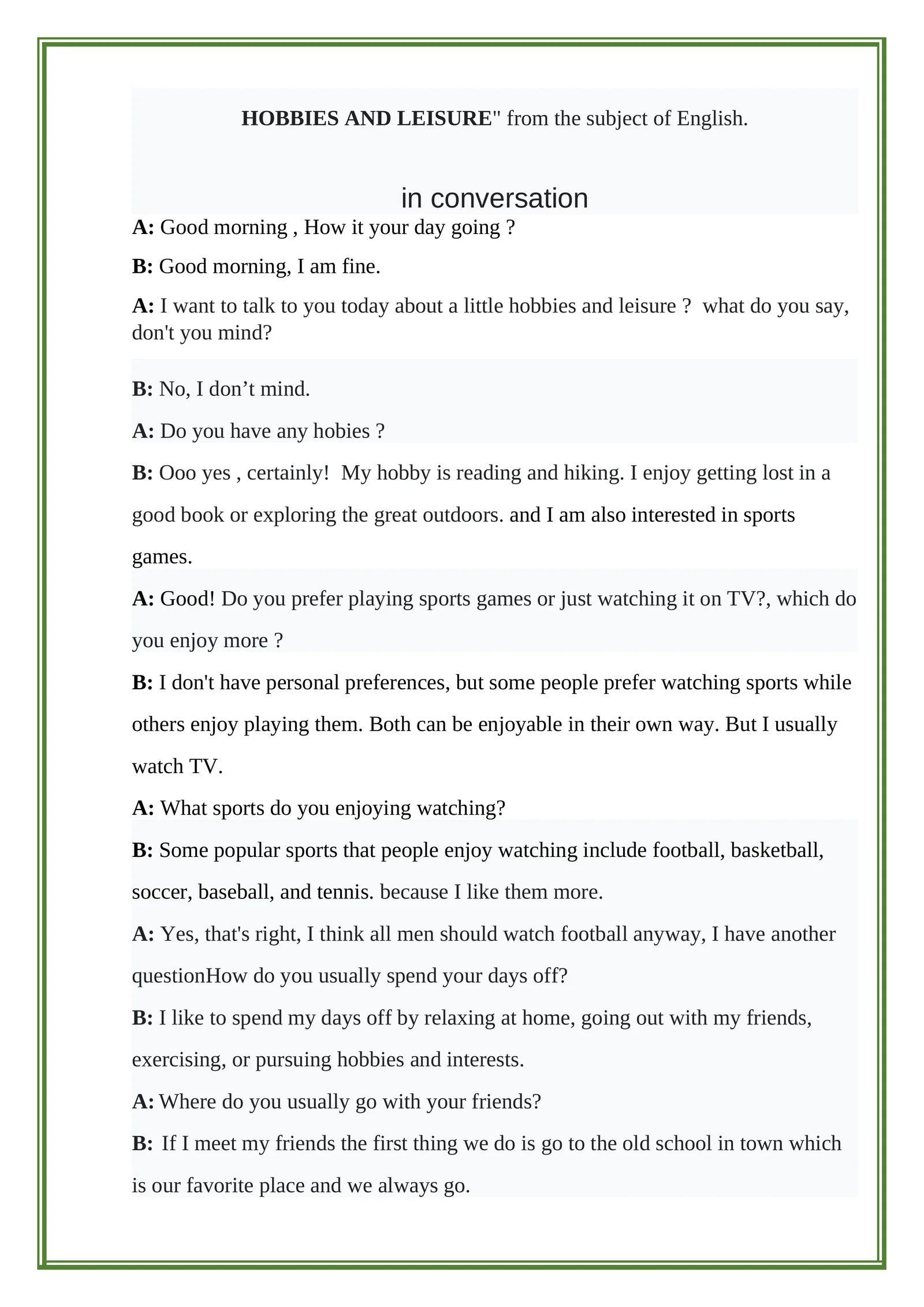 HOBBIES AND LEISURE in conversation