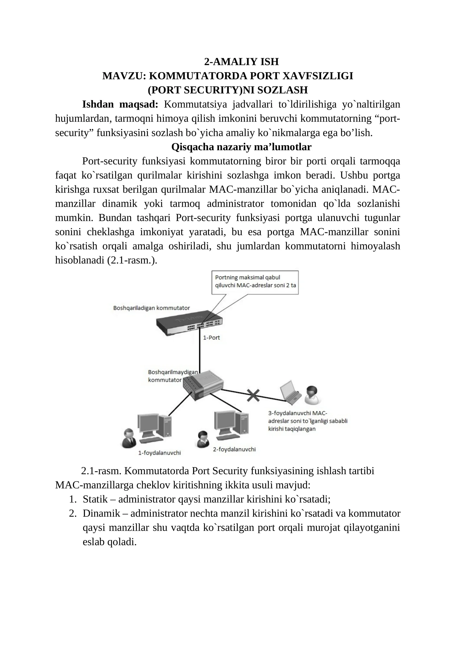 KOMMUTATORDA PORT XAVFSIZLIGI (PORT SECURITY)NI SOZLASH