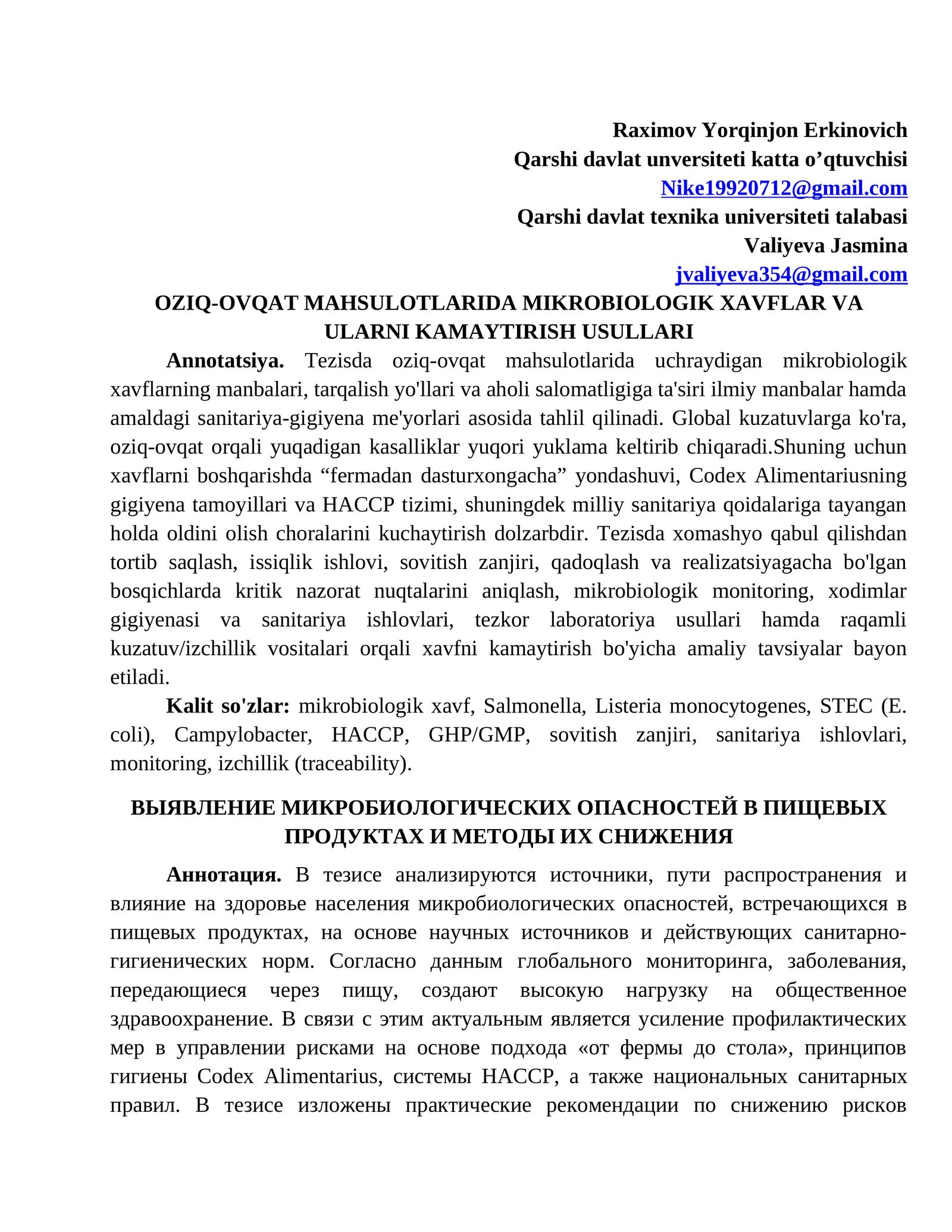 OZIQ-OVQAT MAHSULOTLARIDA MIKROBIOLOGIK XAVFLAR VA ULARNI KAMAYTIRISH USULLARI