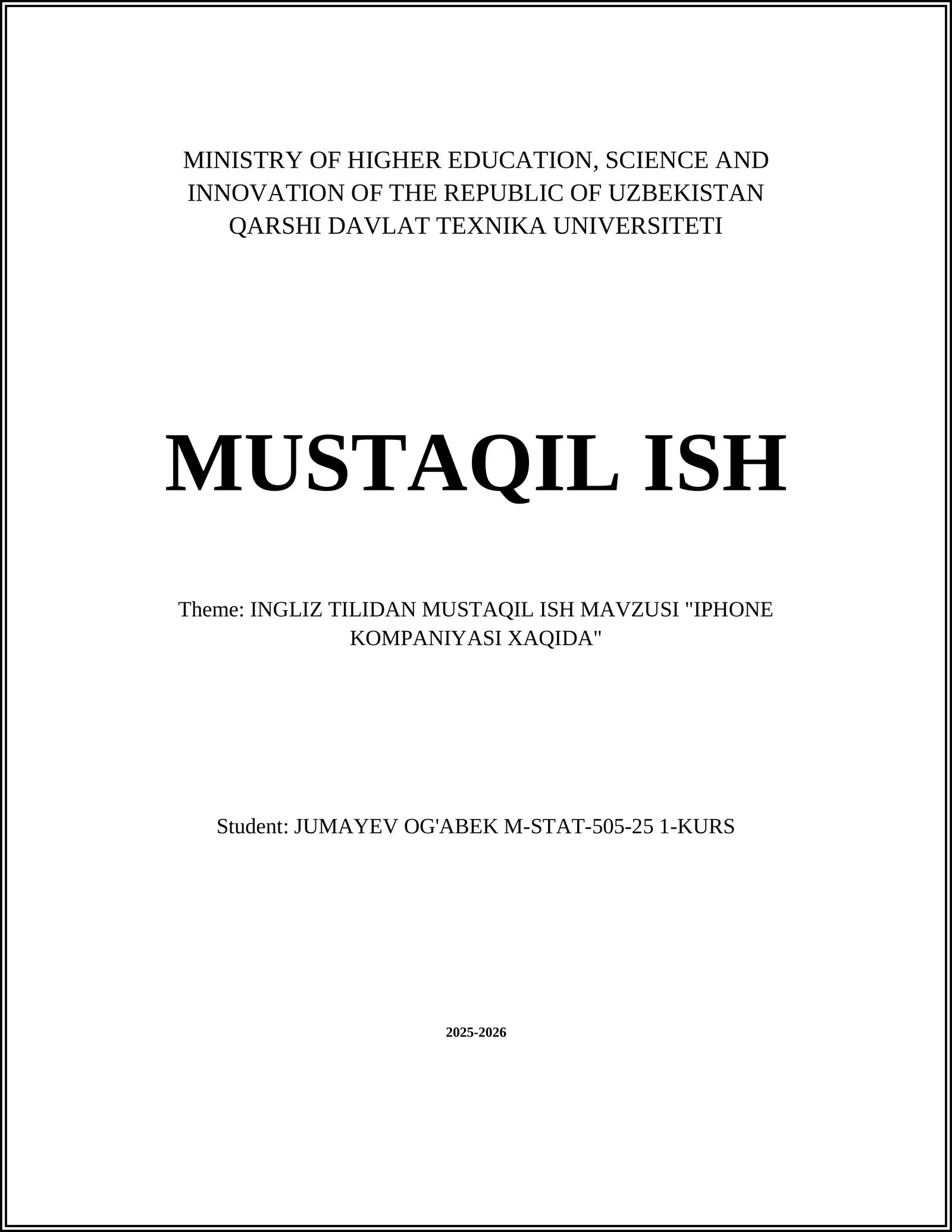 INGLIZ TILIDAN MUSTAQIL ISH MAVZUSI "IPHONE KOMPANIYASI XAQIDA"