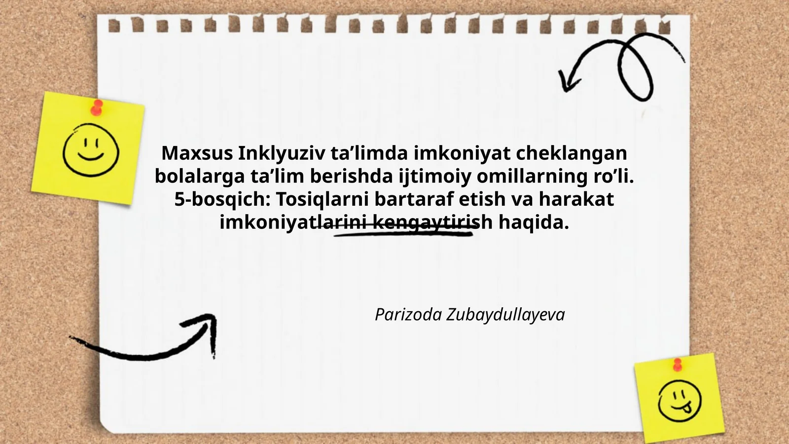 Maxsus Inklyuziv ta’limda imkoniyat cheklangan bolalarga ta’lim berishda ijtimoiy omillarning ro’li. 5-bosqich: Tosiqlarni bartaraf etish va harakat imkoniyatlarini kengaytirish haqida