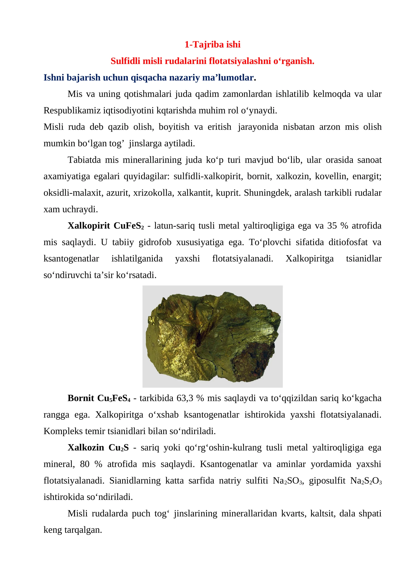 Metalli rudalar fanidan Amaliy topshiriqlar  to'plami