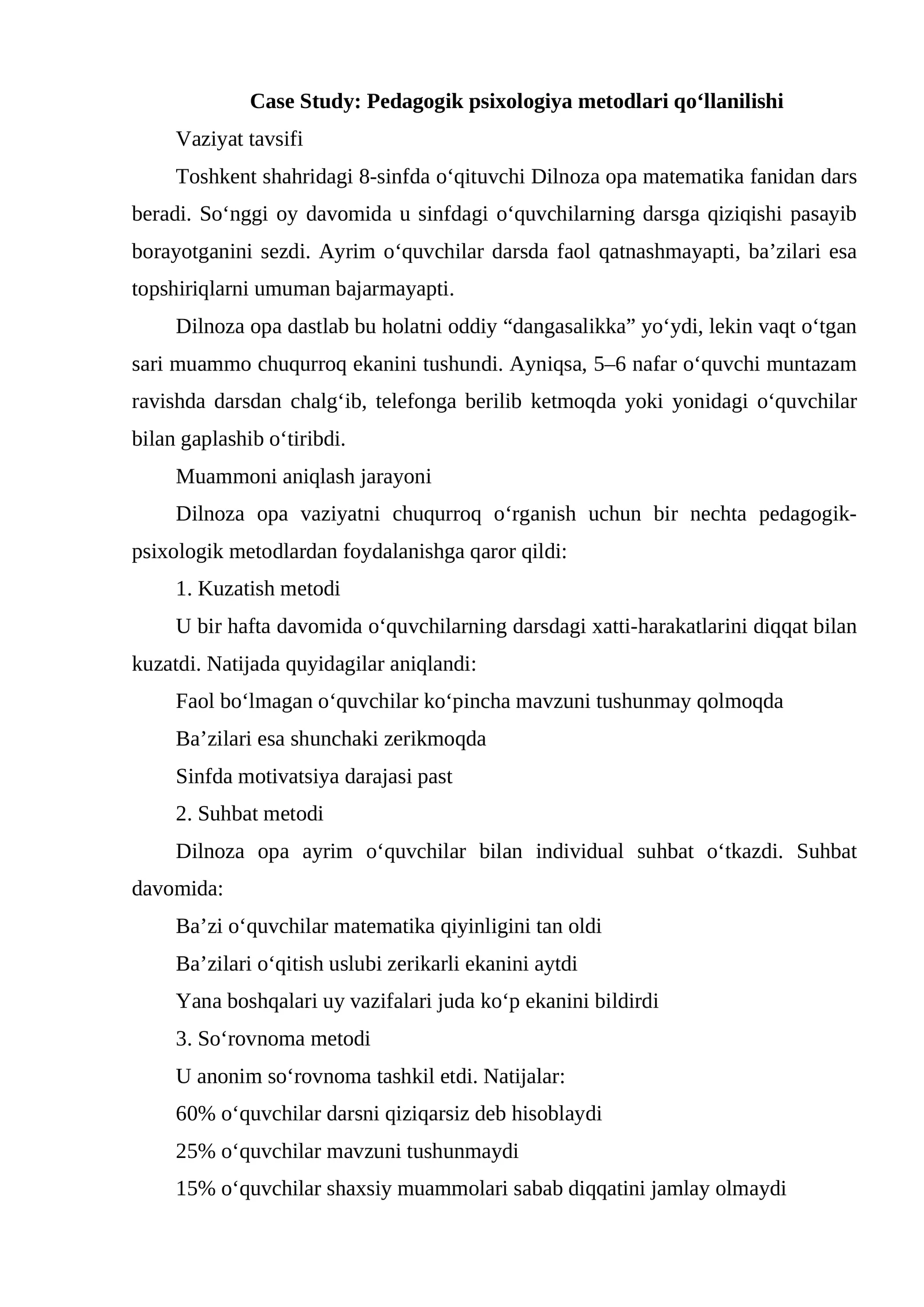 Case Study: Pedagogik psixologiya metodlari qo‘llanilishi