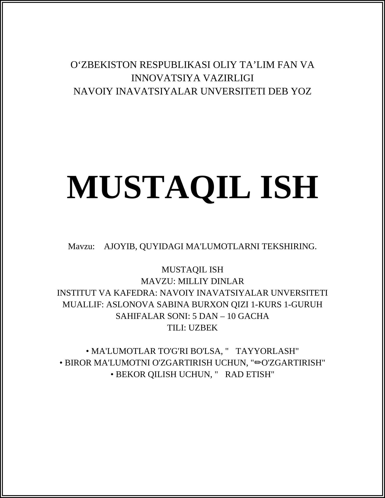 MILLIY DINLAR TARIXI