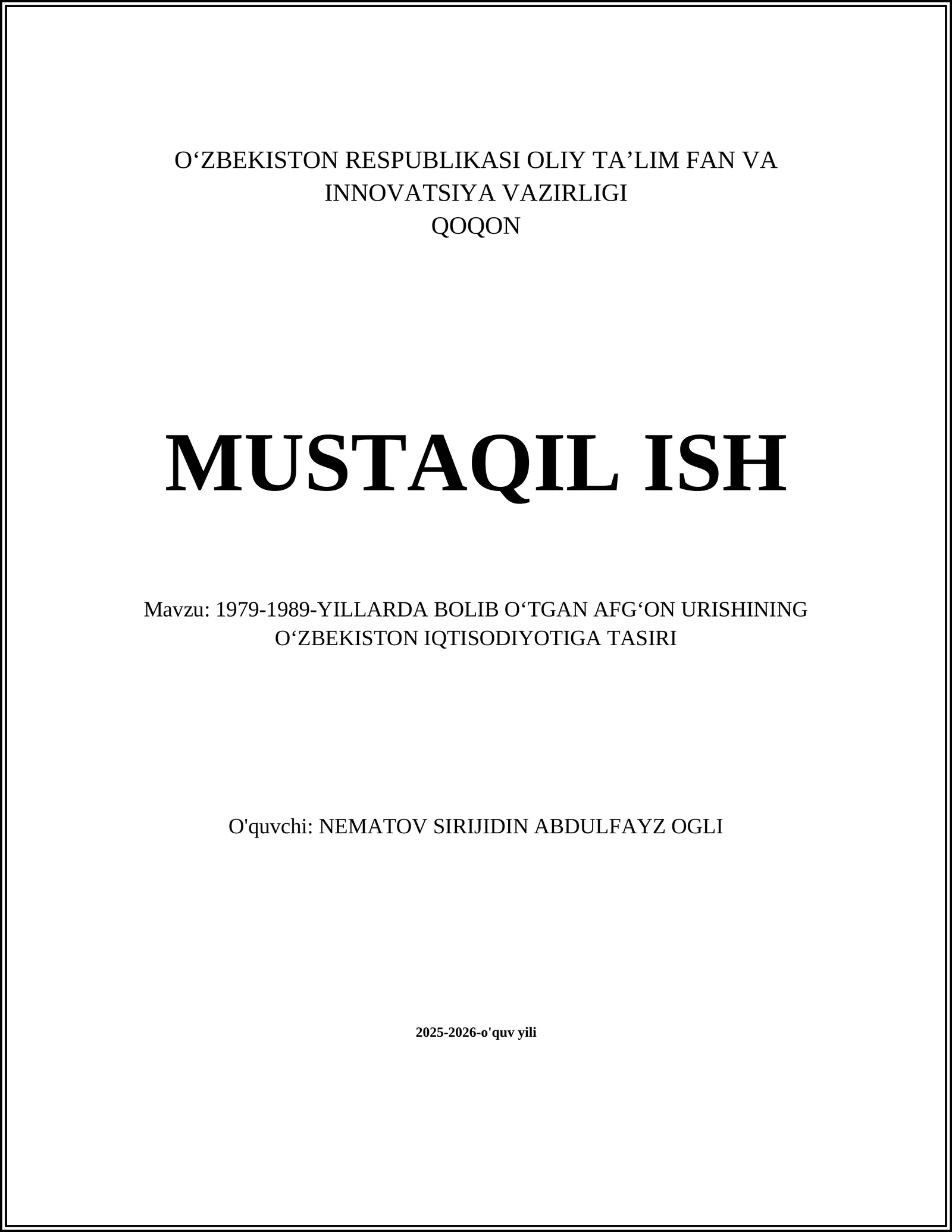 1979-1989-YILLARDA BOLIB O‘TGAN AFG‘ON URISHINING O‘ZBEKISTON IQTISODIYOTIGA TASIRI