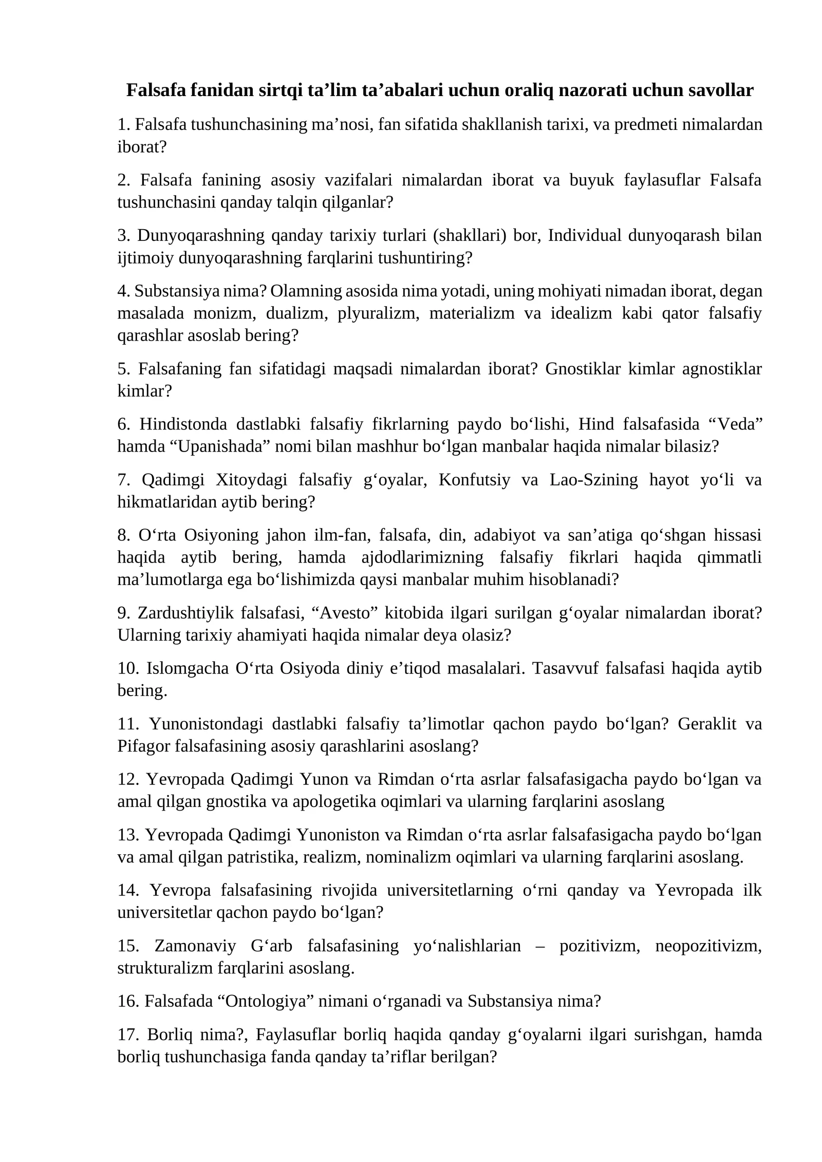 Falsafa fanidan sirtqi ta’lim ta’abalari uchun oraliq nazorati uchun savollar