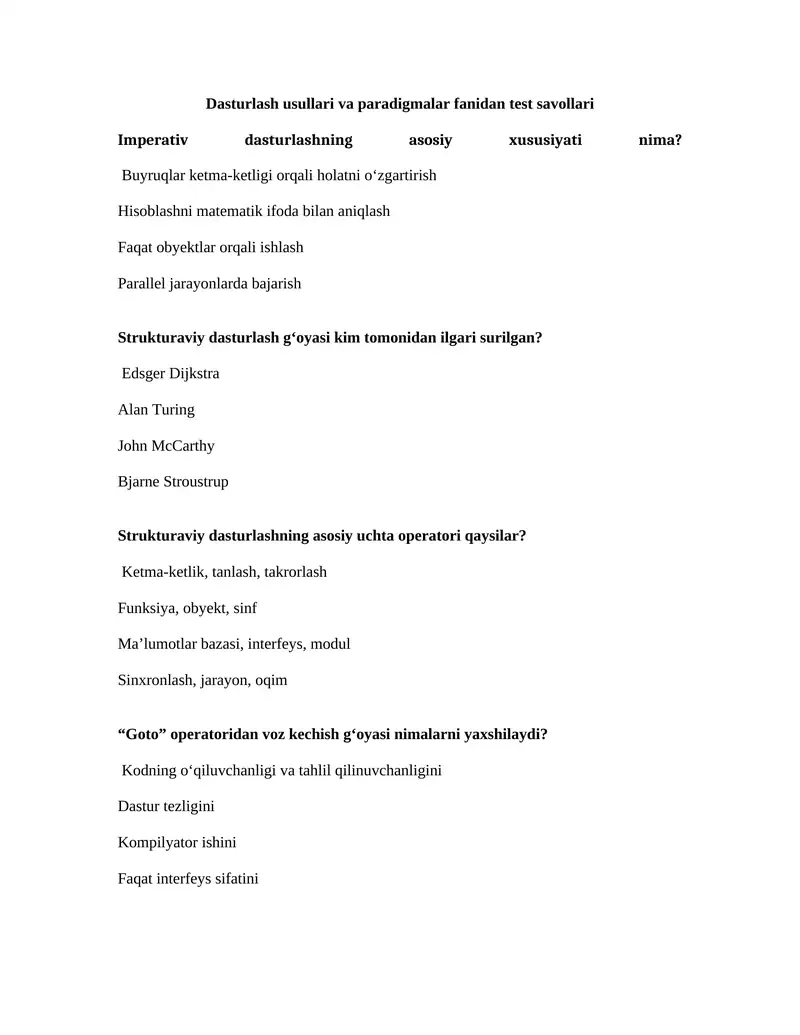 Dasturlash usullari va paradigmalar fanidan test savollari