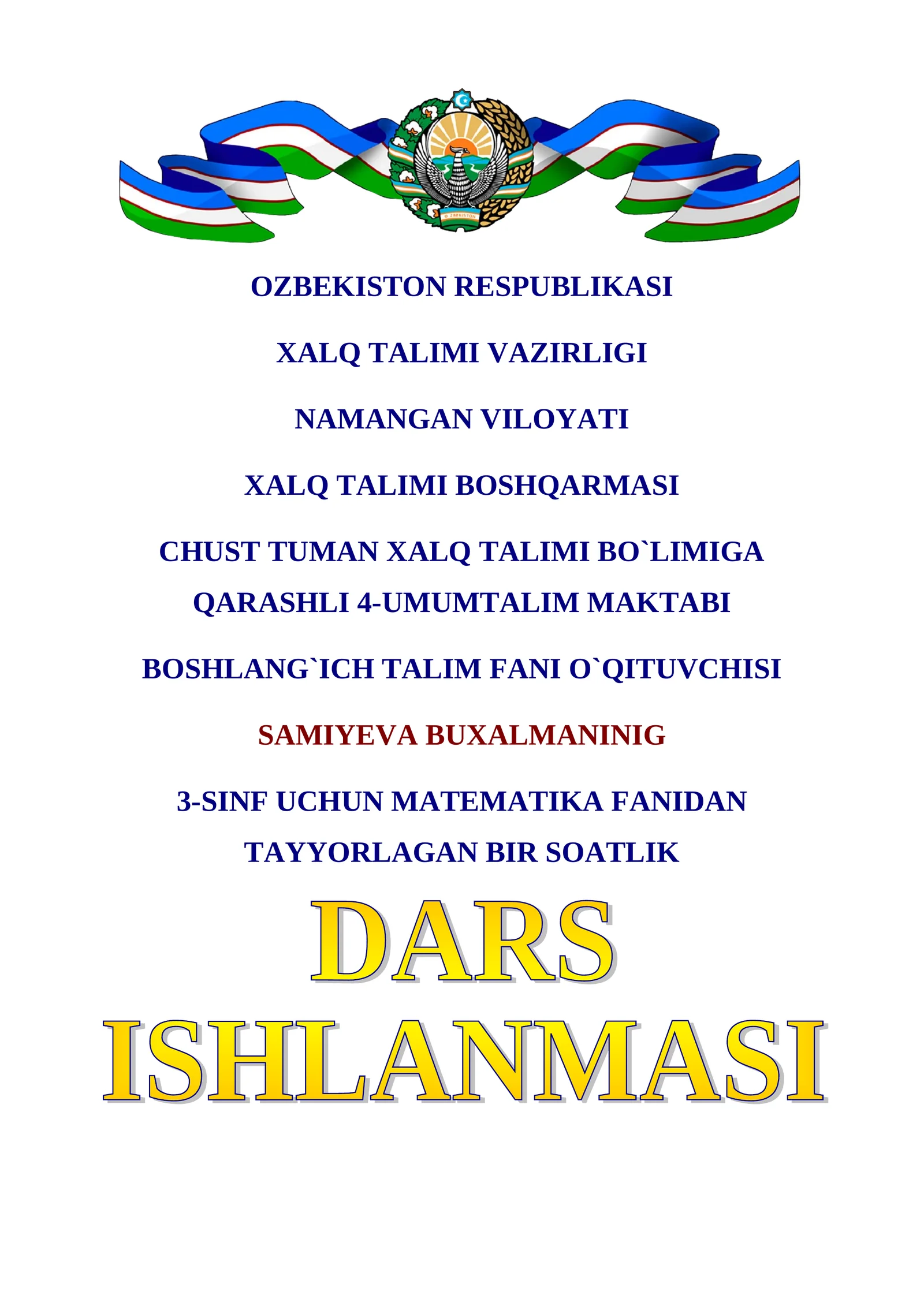 3-SINF UCHUN MATEMATIKA FANIDAN TAYYORLAGAN BIR SOATLIK