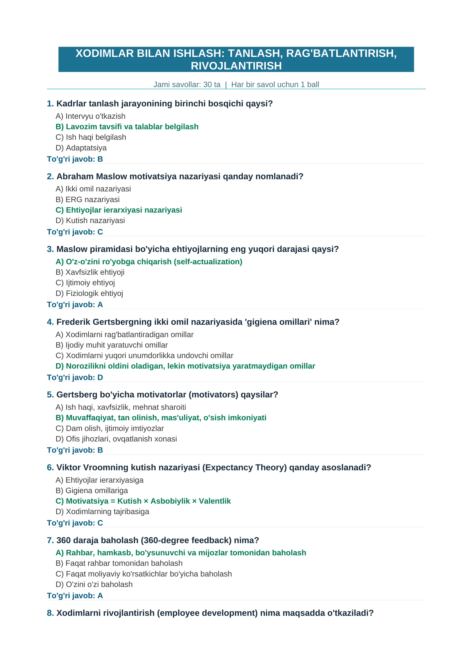 XODIMLAR BILAN ISHLASH: TANLASH, RAG'BATLANTIRISH, RIVOJLANTIRISH