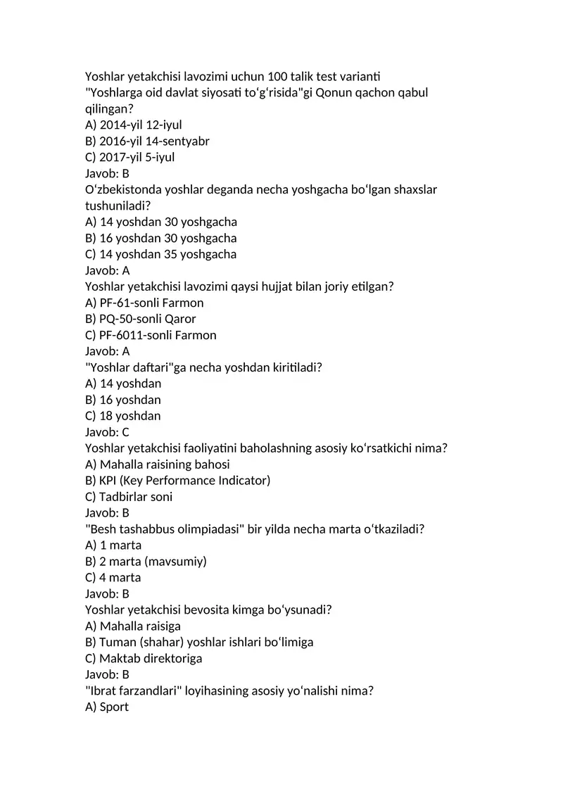 Yoshlar yetakchisi lavozimi uchun 100 talik test varianti