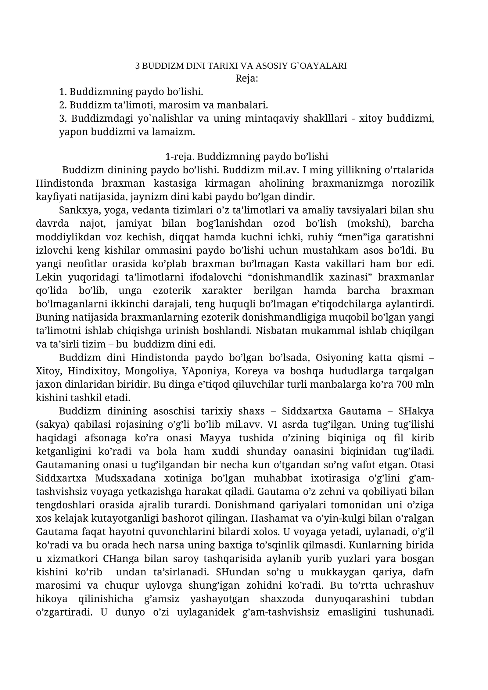 3 BUDDIZM DINI TARIXI VA ASOSIY G`OAYALARI