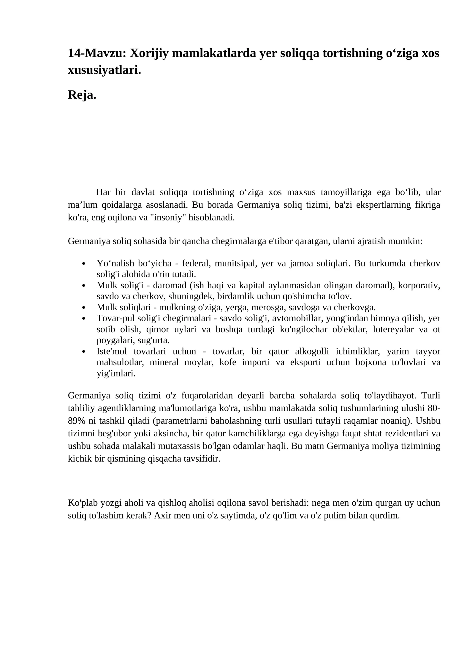Xorijiy mamlakatlarda yer soliqqa tortishning o‘ziga xos xususiyatlari