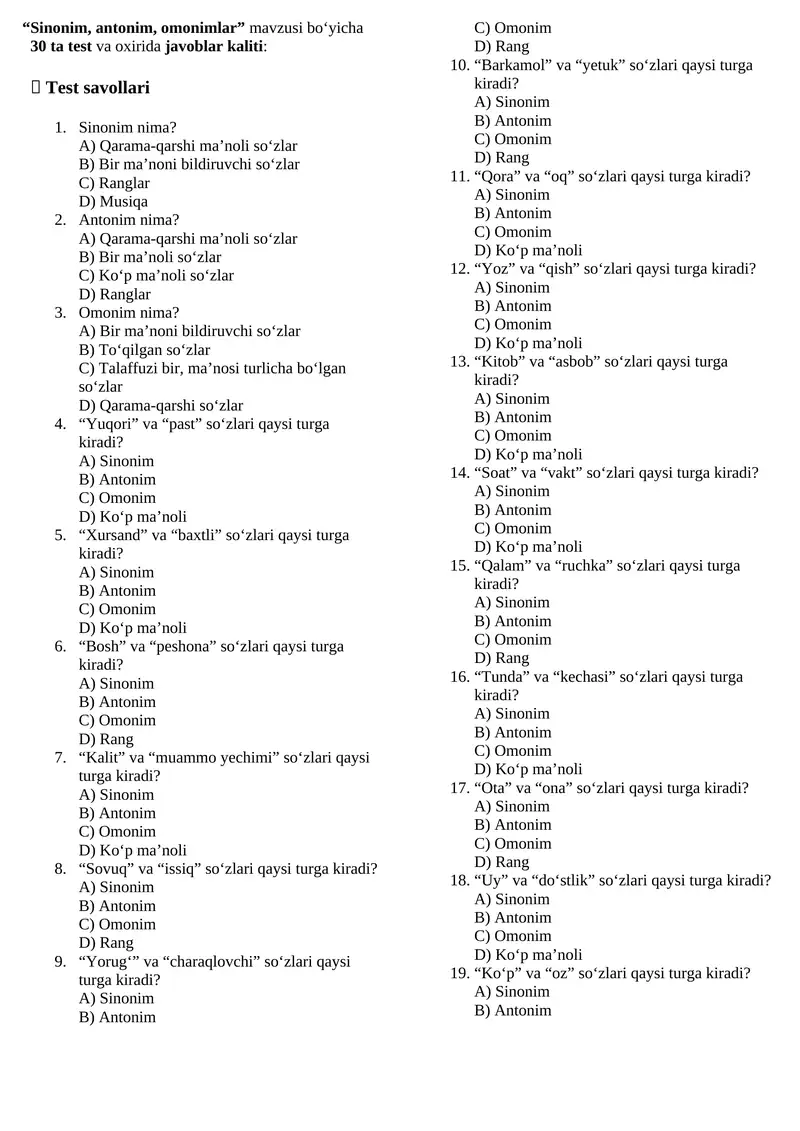 Sinonim, antonim, omonimlar