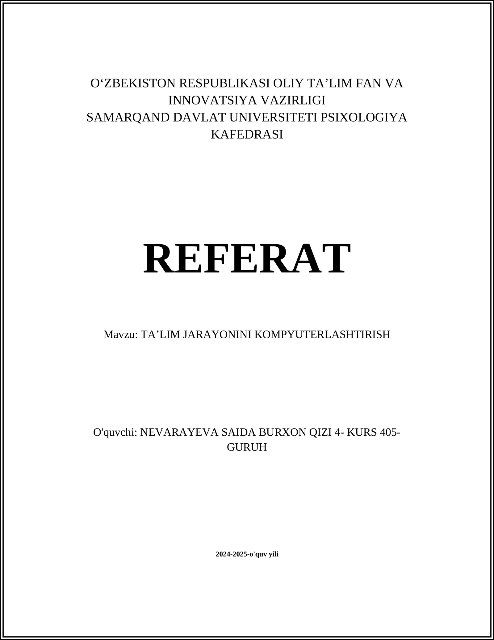 TAʼLIM JARAYONINI KOMPYUTERLASHTIRISH