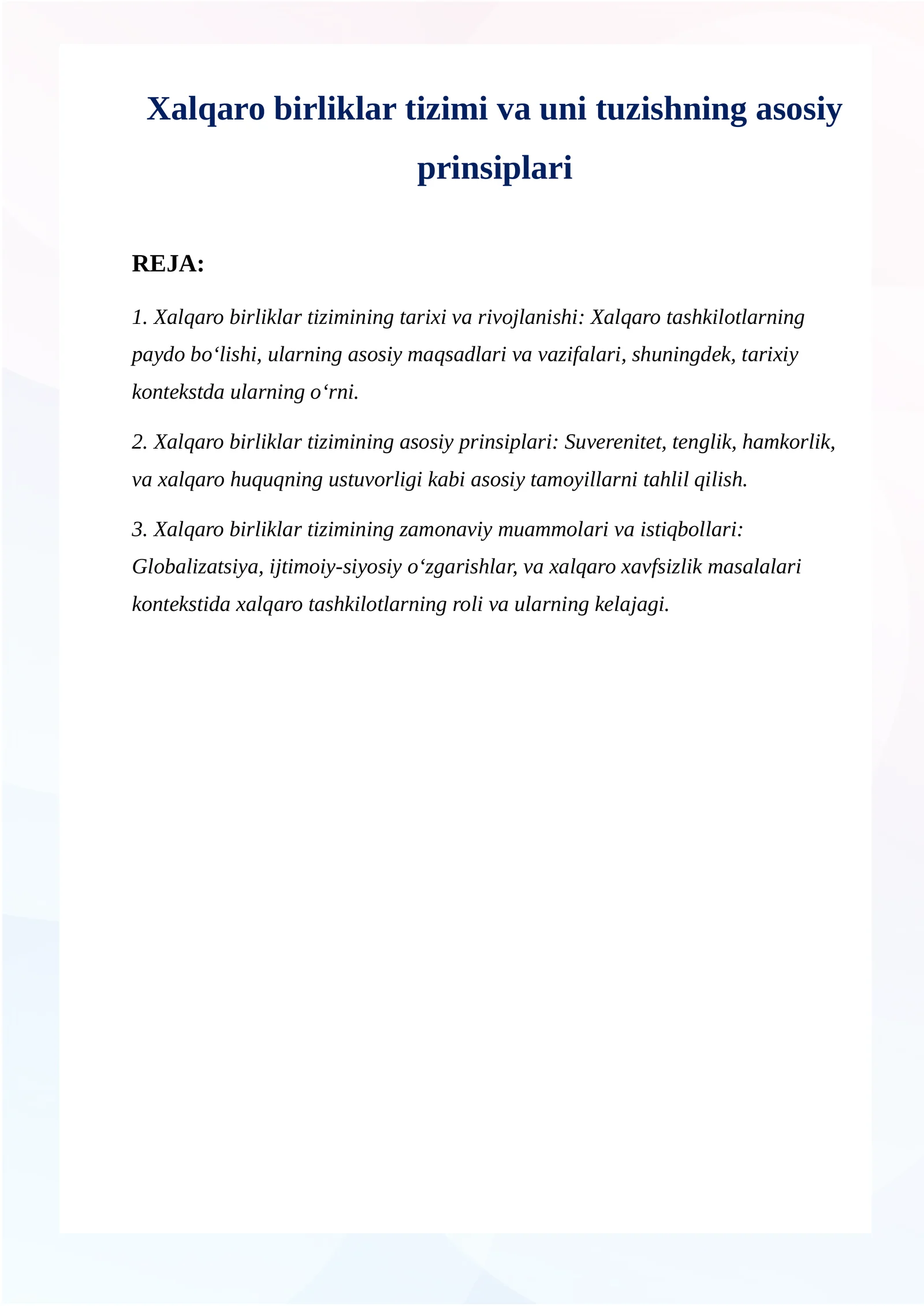Xalqaro birliklar tizimi va uni tuzishning asosiy prinsiplari