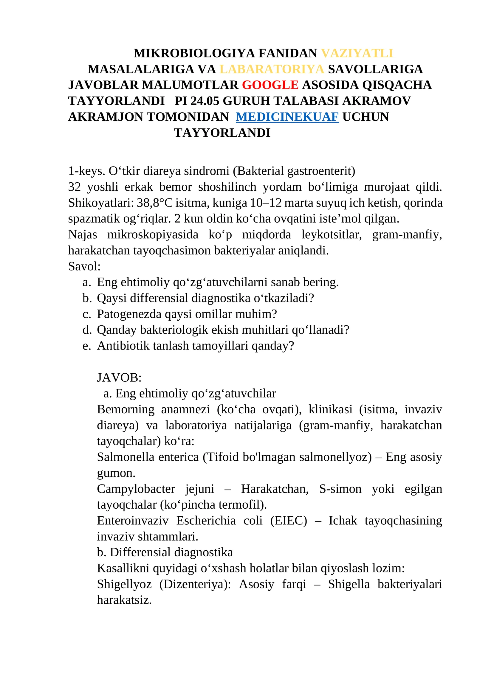 MIKROBIOLOGIYA FANIDAN VAZIYATLI MASALALARIGA VA LABARATORIYA SAVOLLARIGA JAVOBLAR MALUMOTLAR GOOGLE ASOSIDA QISQACHA