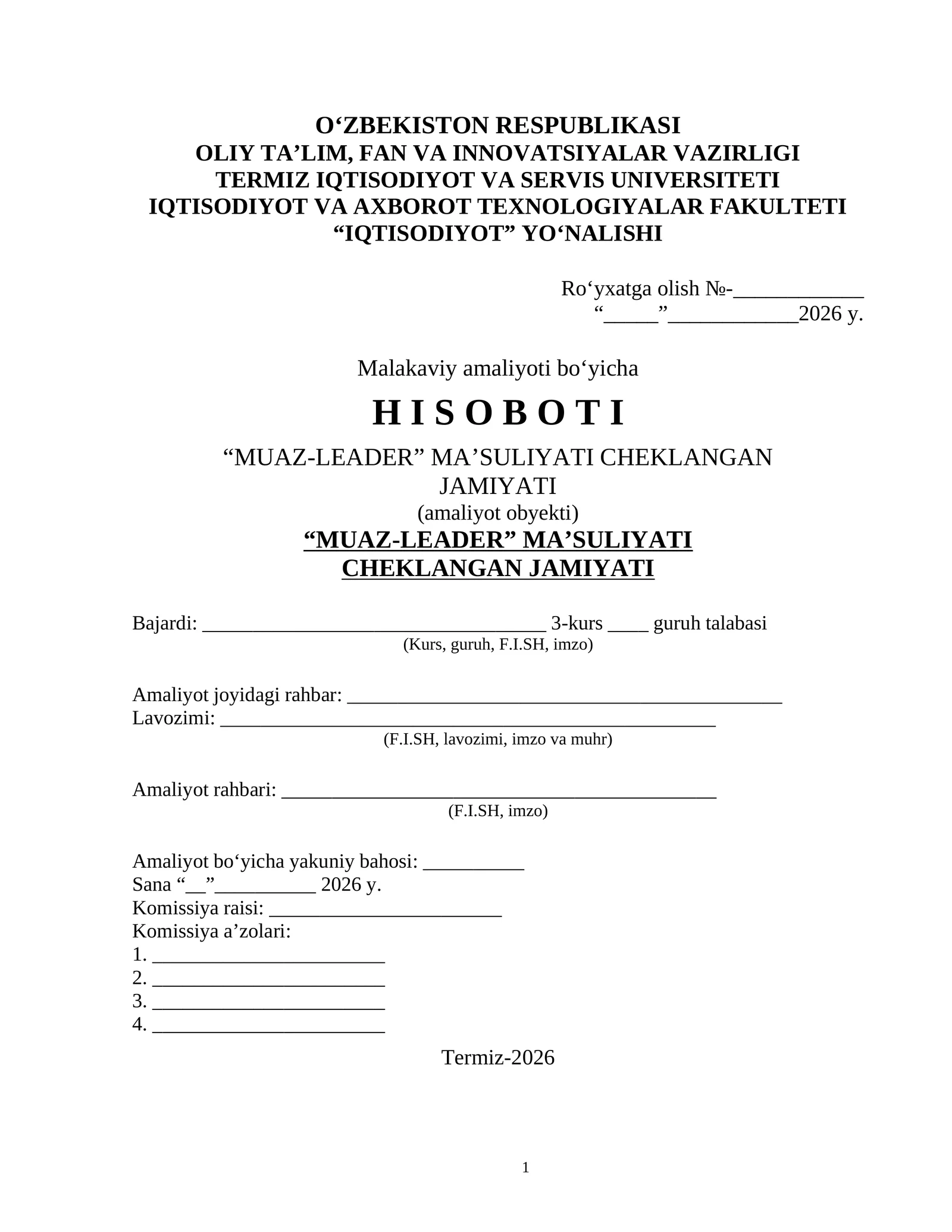 MCHJ LAR UCHUN HISOBOT NAMUNA