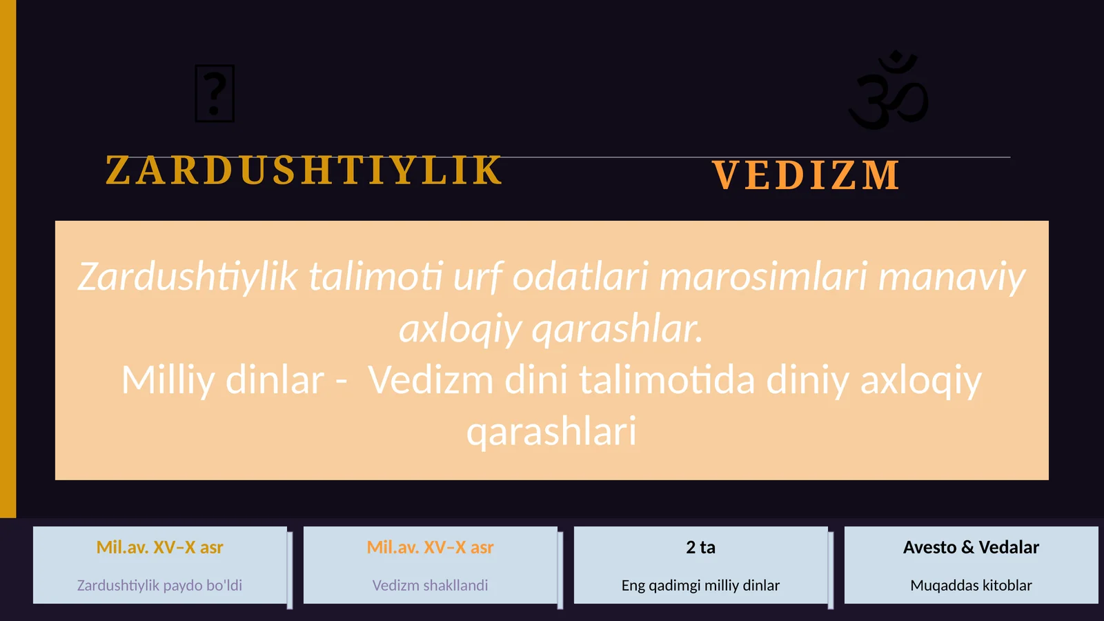 Zardushtiylik talimoti urf odatlari marosimlari manaviy axloqiy qarashlar. Milliy dinlar - Vedizm dini talimotida diniy axloqiy qarashlari slayd
