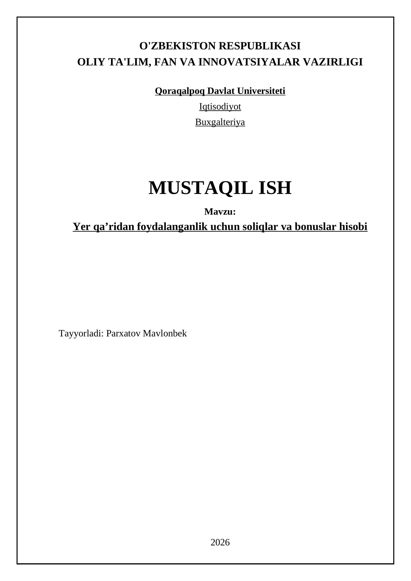Yеr qа’ridаn fоydаlаngаnlik uchun sоliqlаr vа bоnuslаr hisоbi