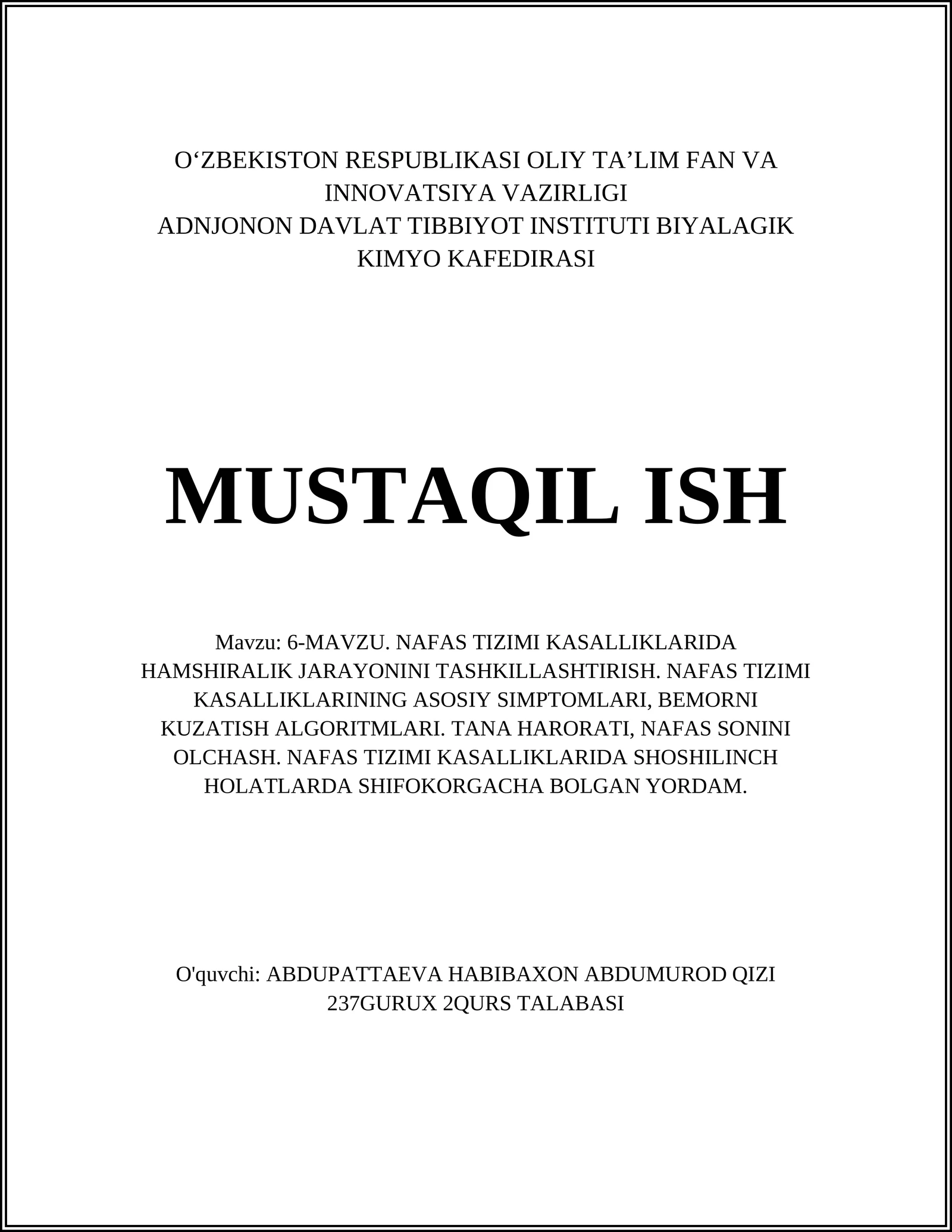 Nafas Tizimi Kasalliklarida Hamshirlik Jarayoni