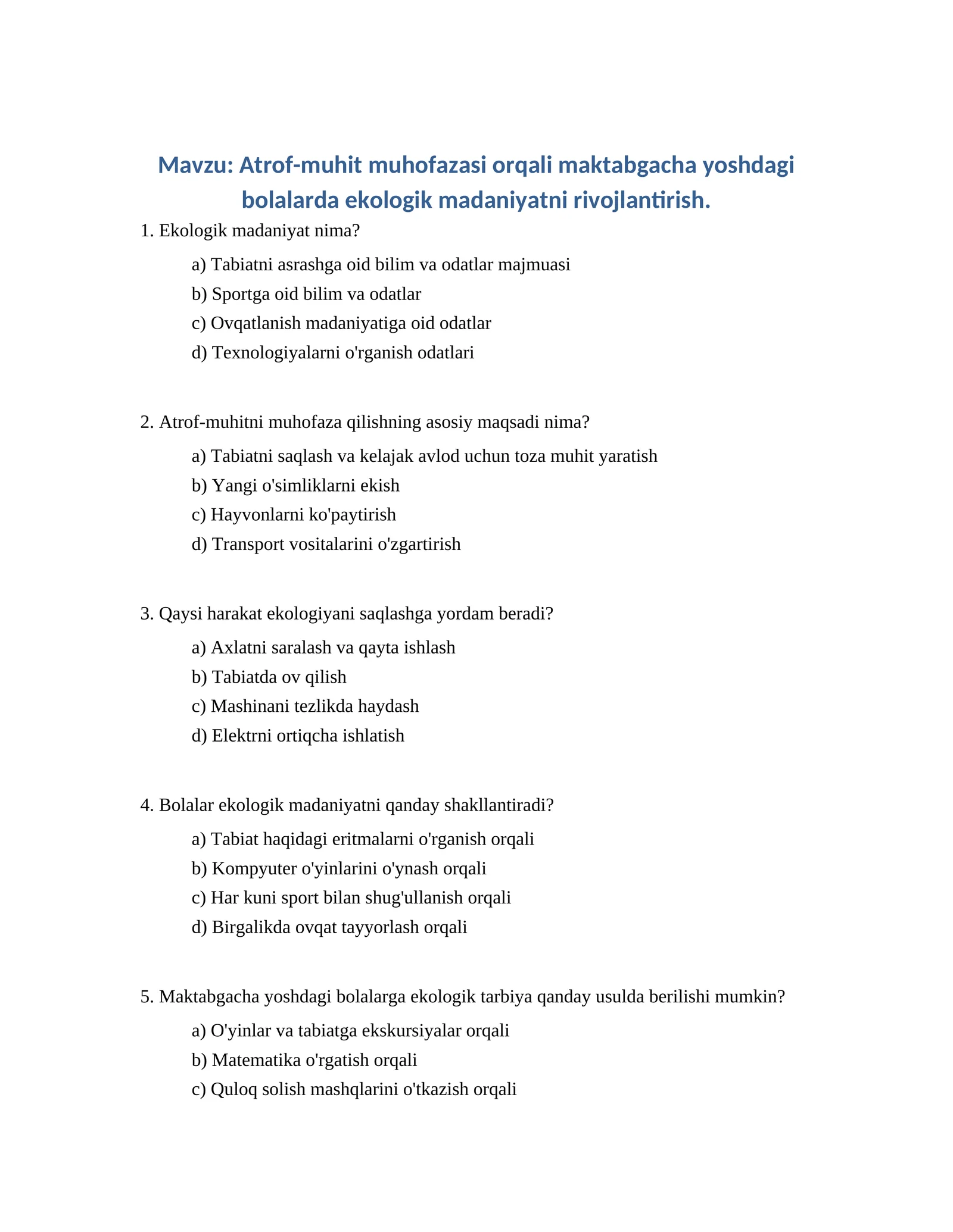 Atrof-muhit muhofazasi orqali maktabgacha yoshdagi bolalarda ekologik madaniyatni rivojlantirish
