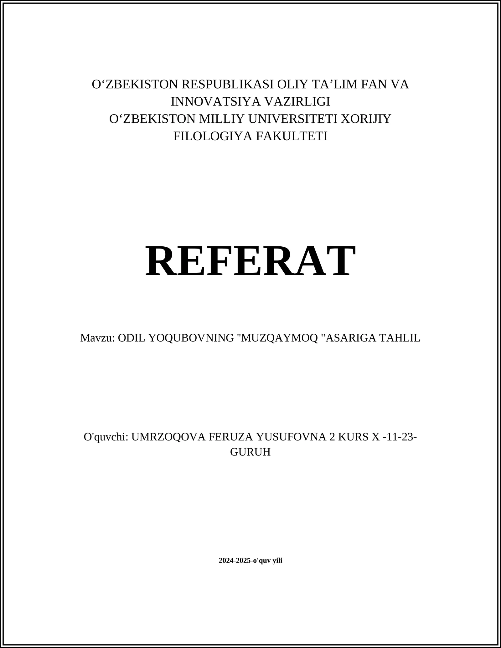 ODIL YOQUBOVNING ''MUZQAYMOQ "ASARIGA TAHLIL