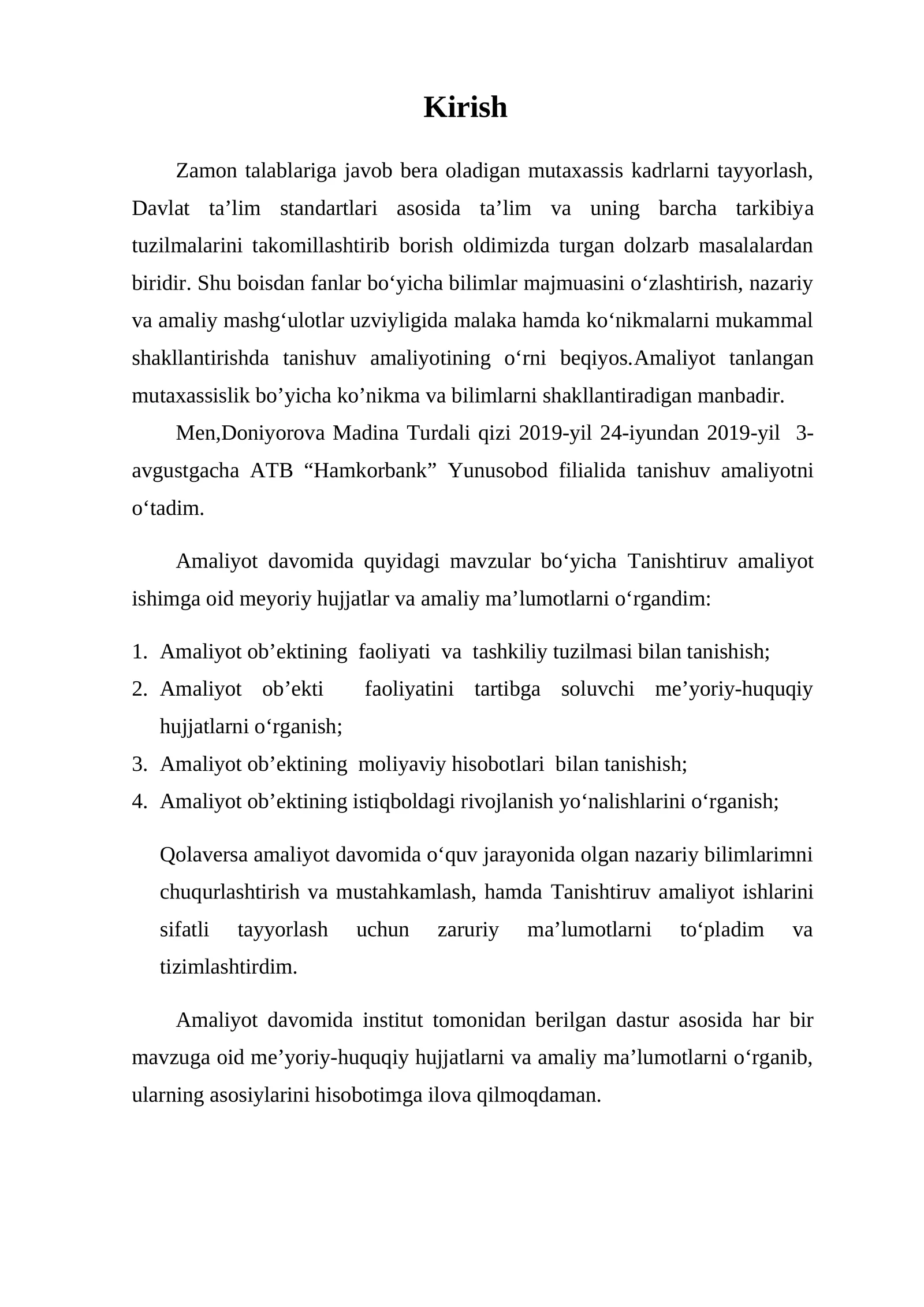 Bank ishi bo'yicha tanishtiruv amaliyot hisoboti
