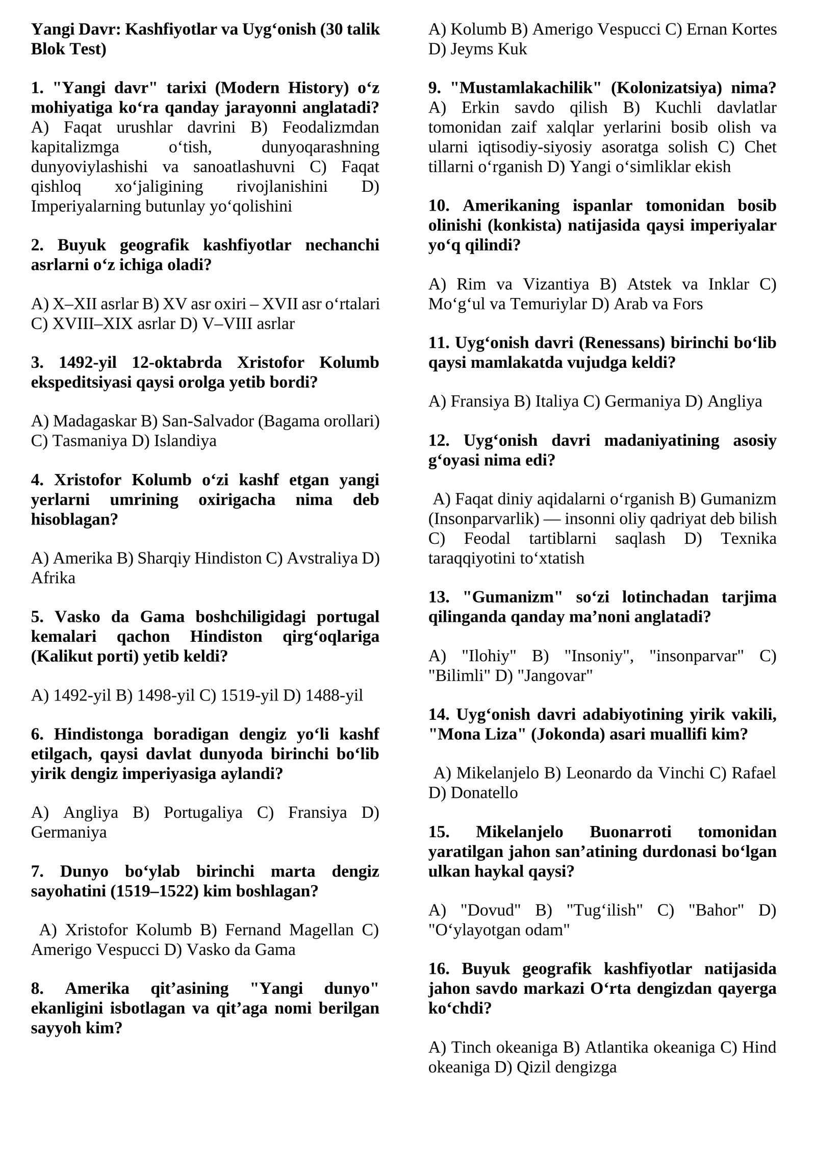 Yangi Davr: Kashfiyotlar va Uyg‘onish (30 talik Blok Test)