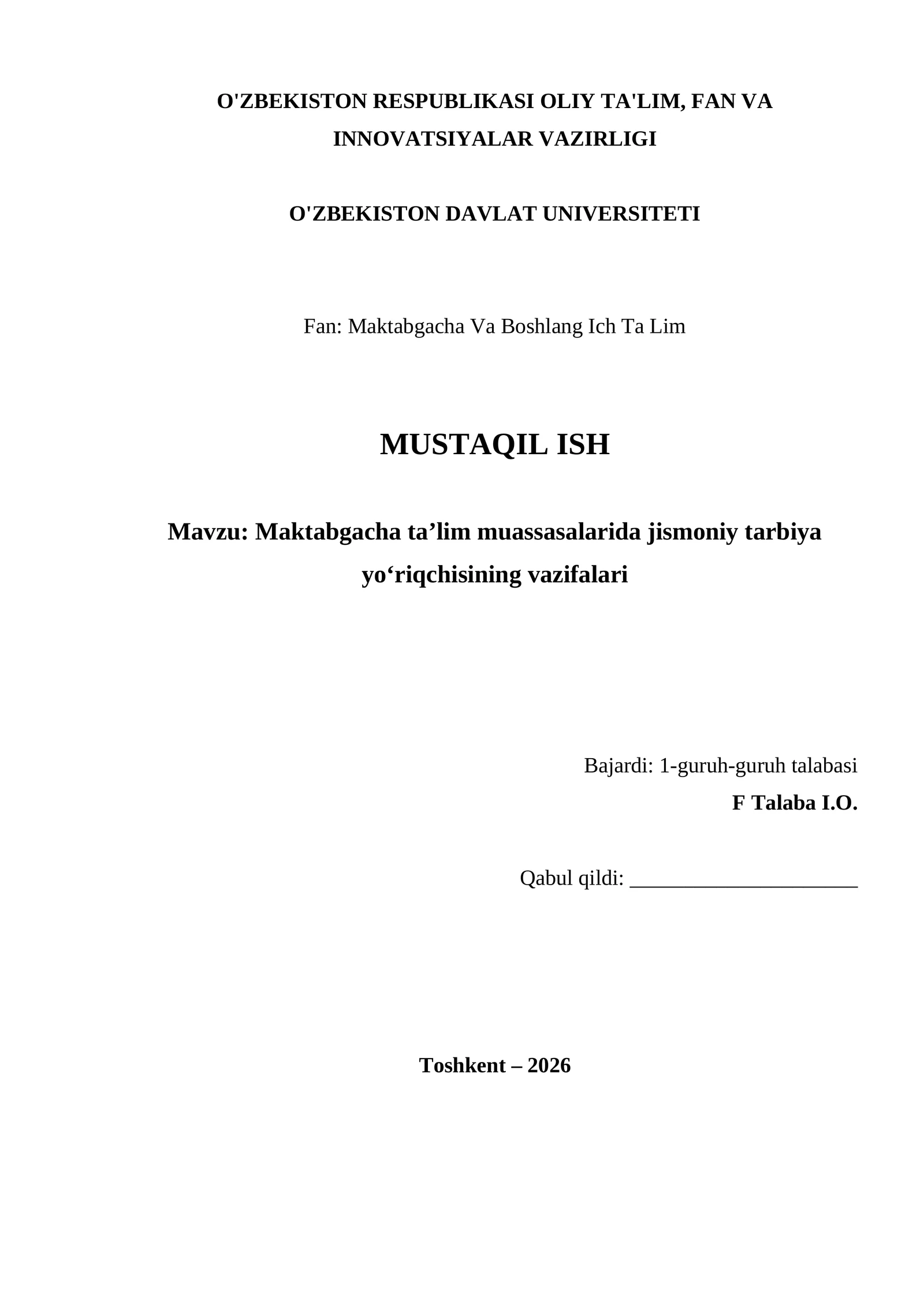 Maktabgacha ta’lim muassasalarida jismoniy tarbiya yo‘riqchisining vazifalari