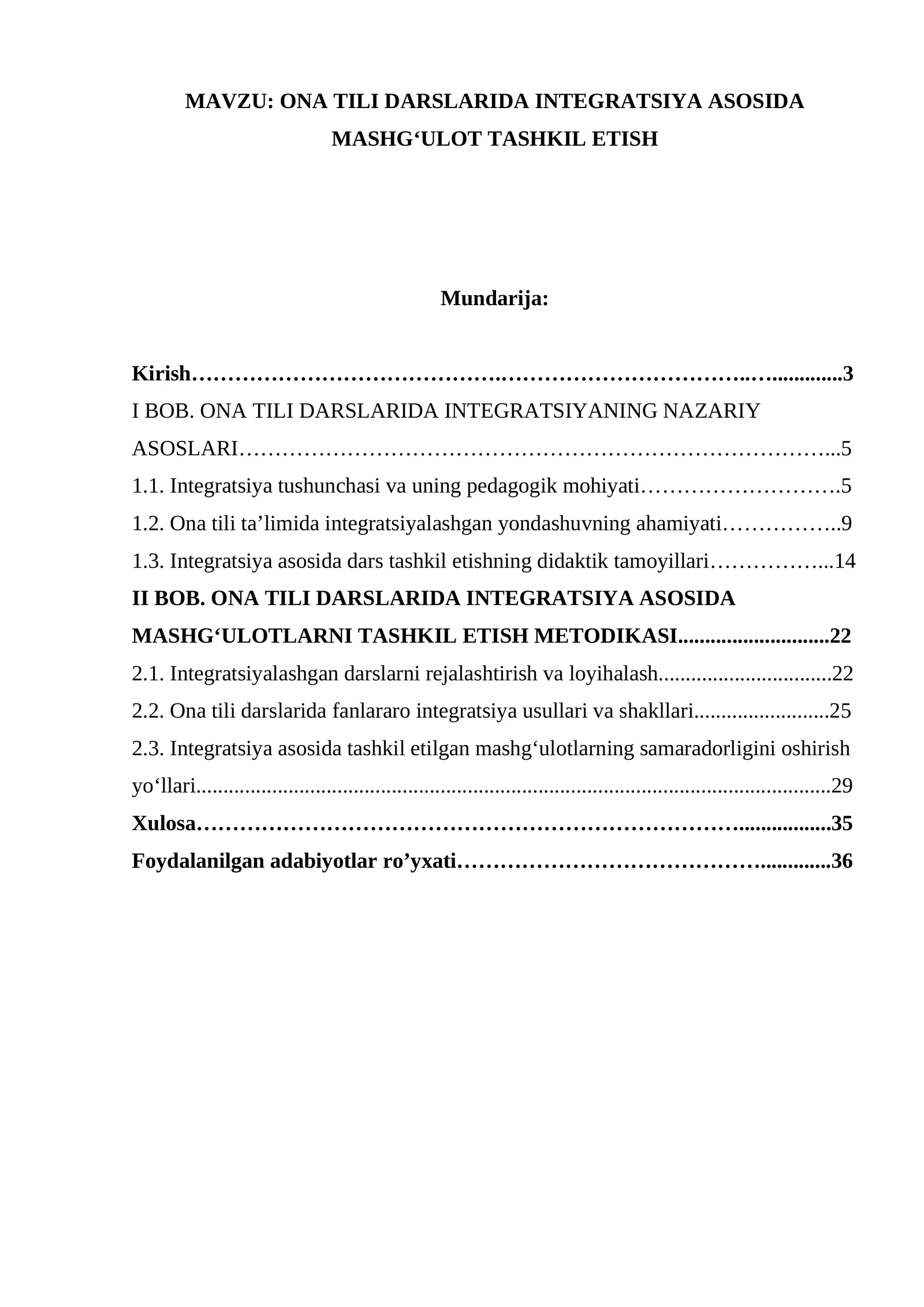 ONA TILI DARSLARIDA INTEGRATSIYA ASOSIDA MASHG‘ULOT TASHKIL ETISH