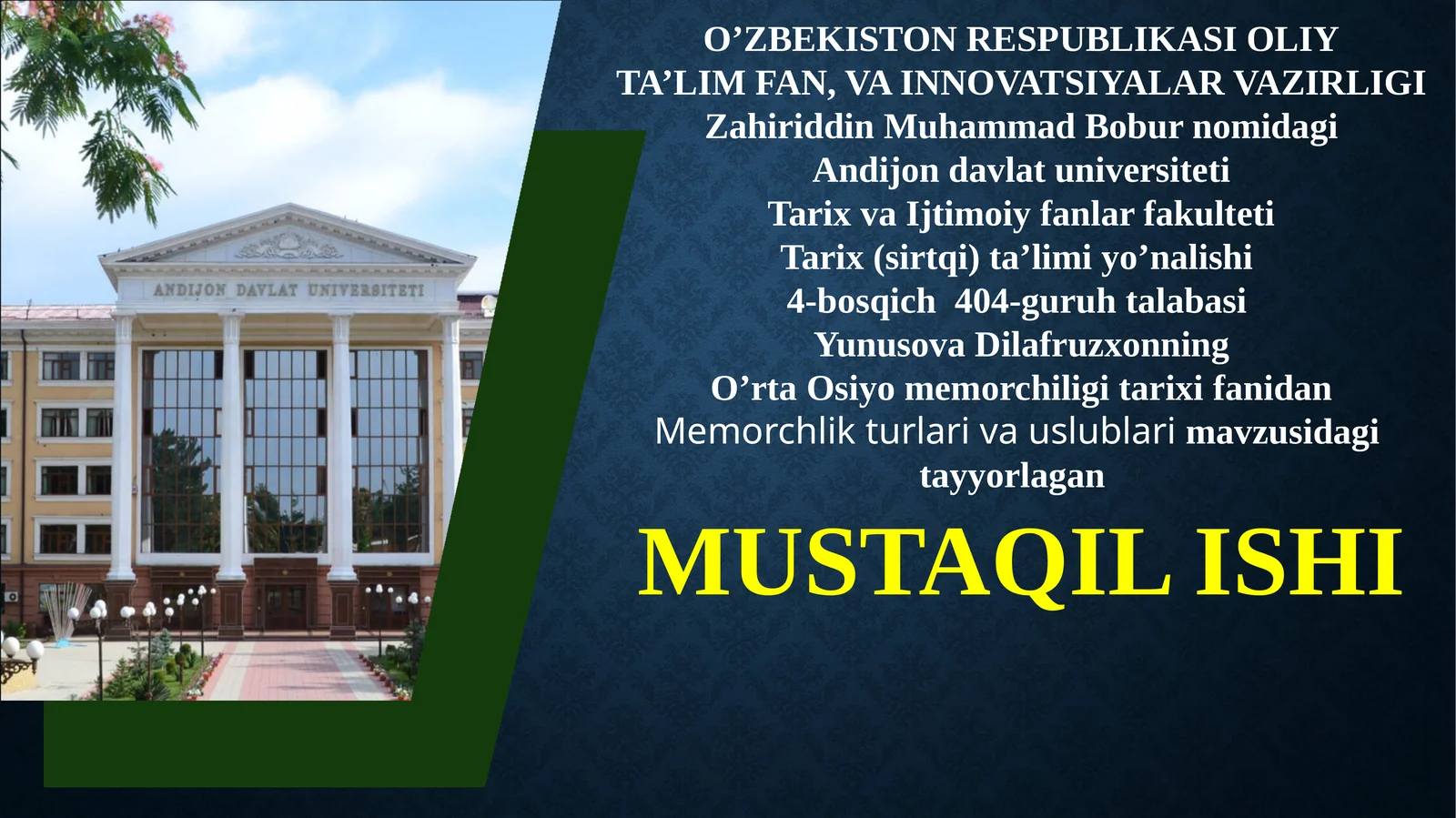 O’rta Osiyo memorchiligi tarixifanidan Memorchlikturlarivauslublarimavzusidagi MUSTAQIL ISHI