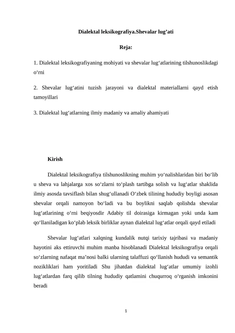 Dialektal leksikografiya.Shevalar lug’ati