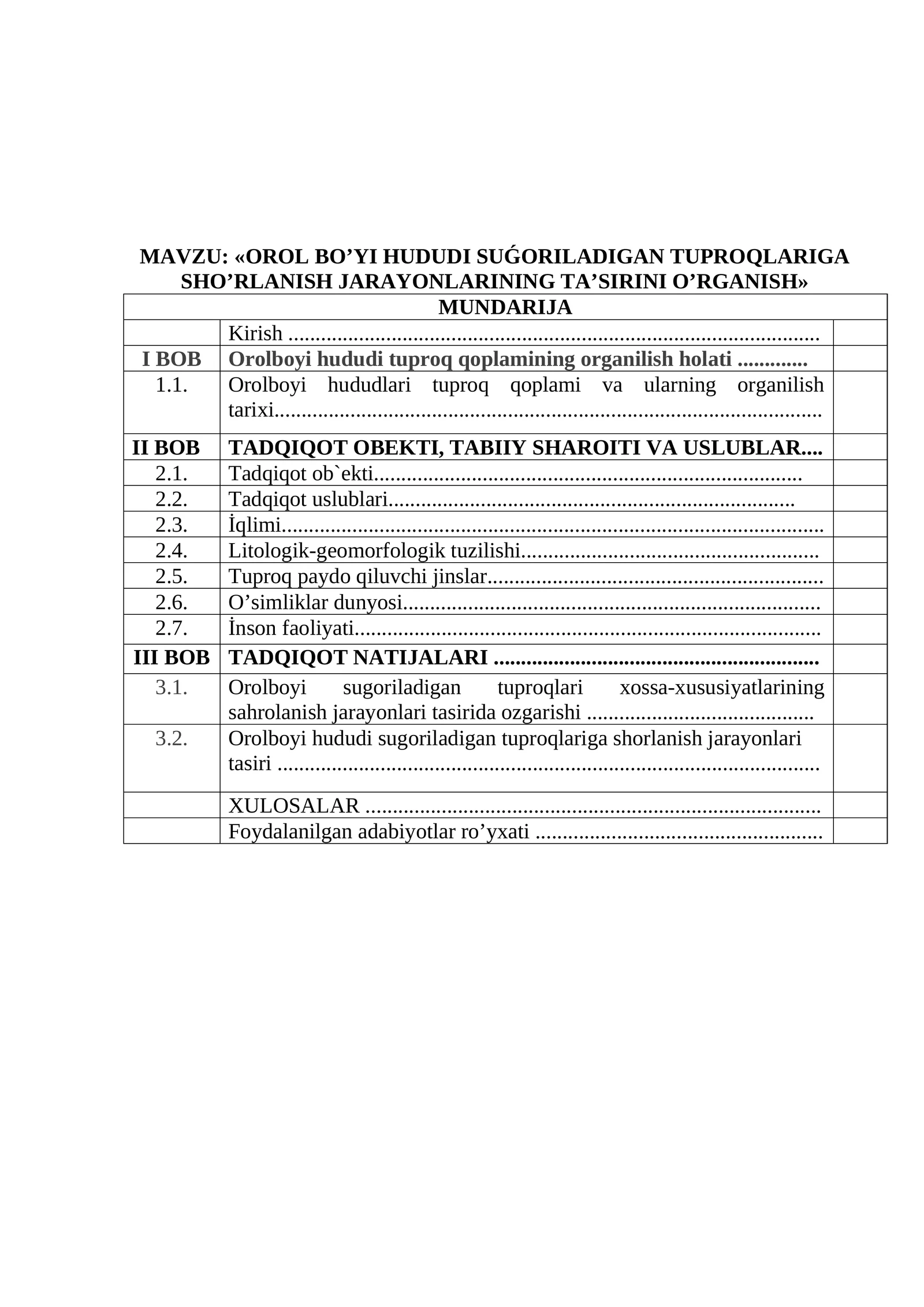 OROL BO’YI HUDUDI SUǴORILADIGAN TUPROQLARIGA SHO’RLANISH JARAYONLARINING TA’SIRINI O’RGANISH