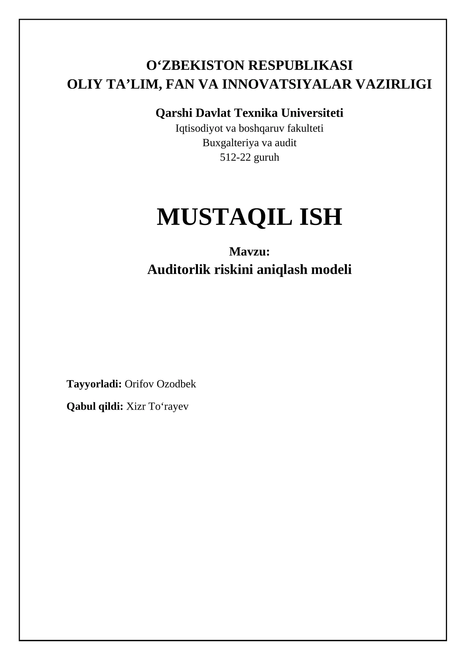 Auditorlik riskini aniqlash modeli