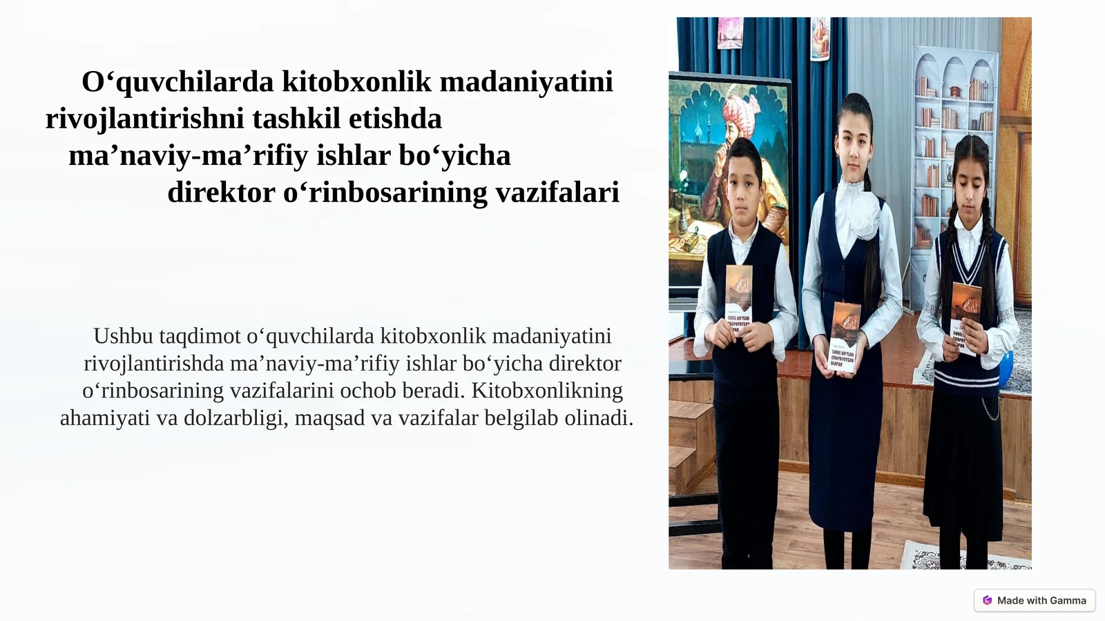 O‘quvchilardakitobxonlikmadaniyatinirivojlantirishnitashkiletishdama’naviy-ma’rifiyishlarbo‘yichadirektoro‘rinbosariningvazifalari