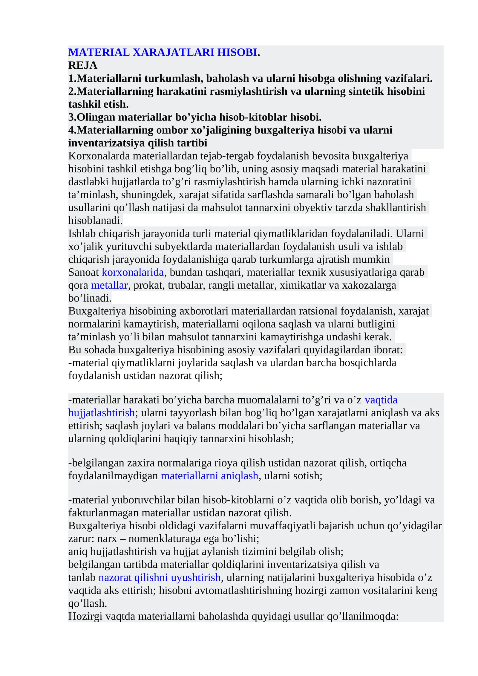 MATERIAL XARAJATLARI HISOBI