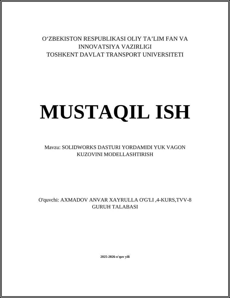 SOLIDWORKS DASTURI YORDAMIDI YUK VAGON KUZOVINI MODELLASHTIRISH