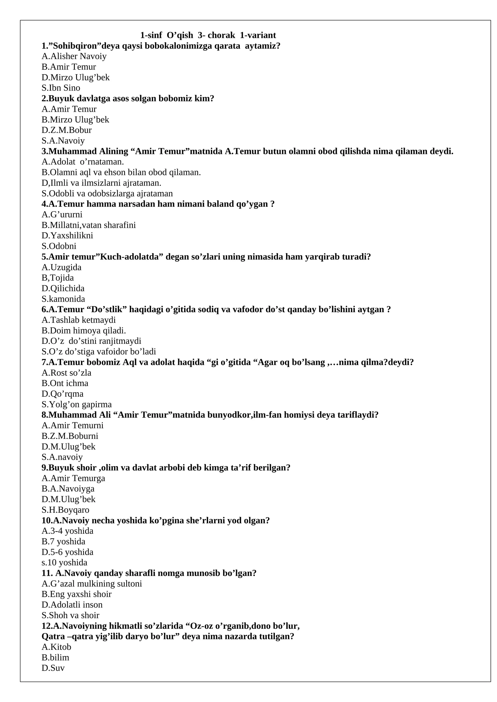 1-sinf O’qish 3- chorak 1-variant