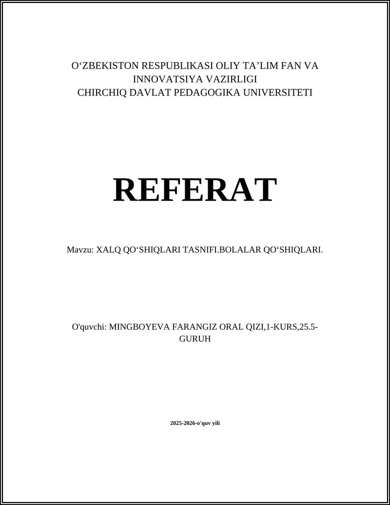 Bolalar Xalq Qo‘shiqlari Tasnifi