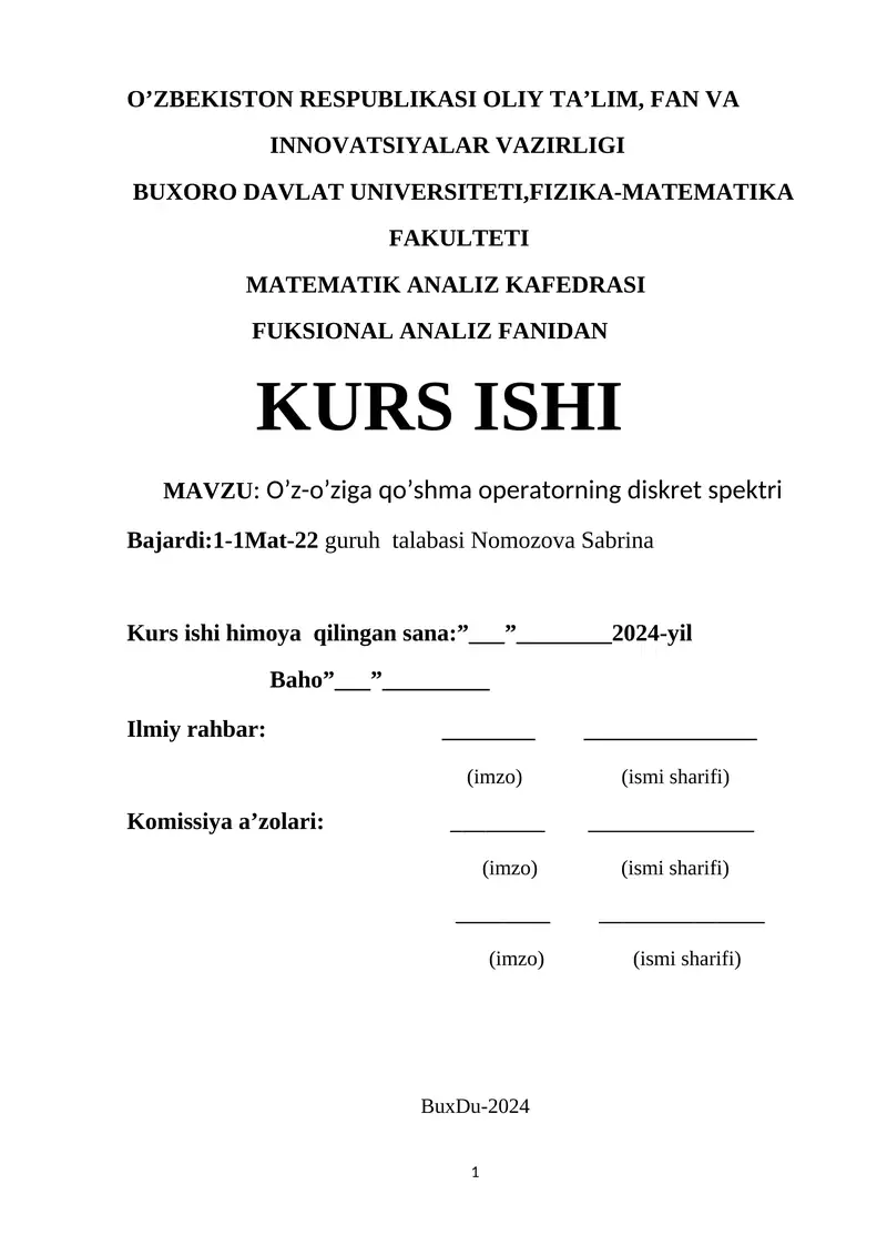 O’z-o’ziga qo’shma operatorning diskret spektri