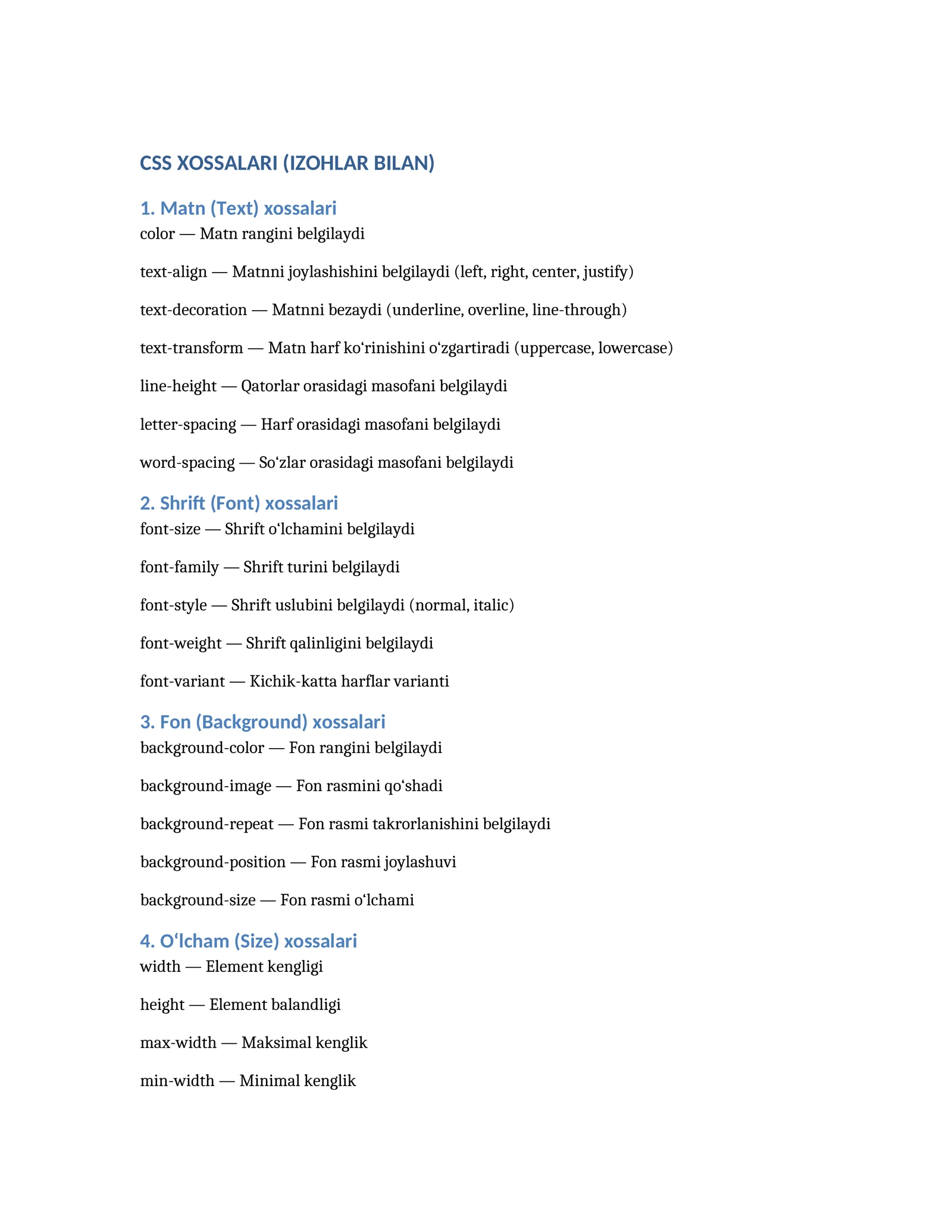 CSS Xossalari (Izohlar bilan)