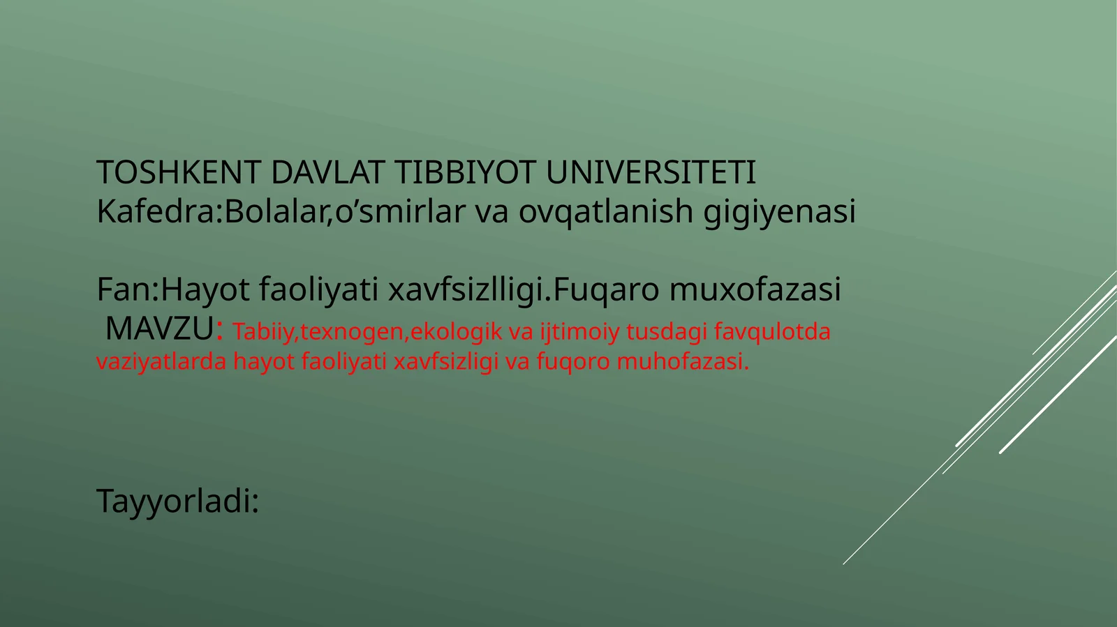 Tabiiy, texnogen, ekologik va ijtimoiy tushlar dagi favqulot davaziyatlari haqida