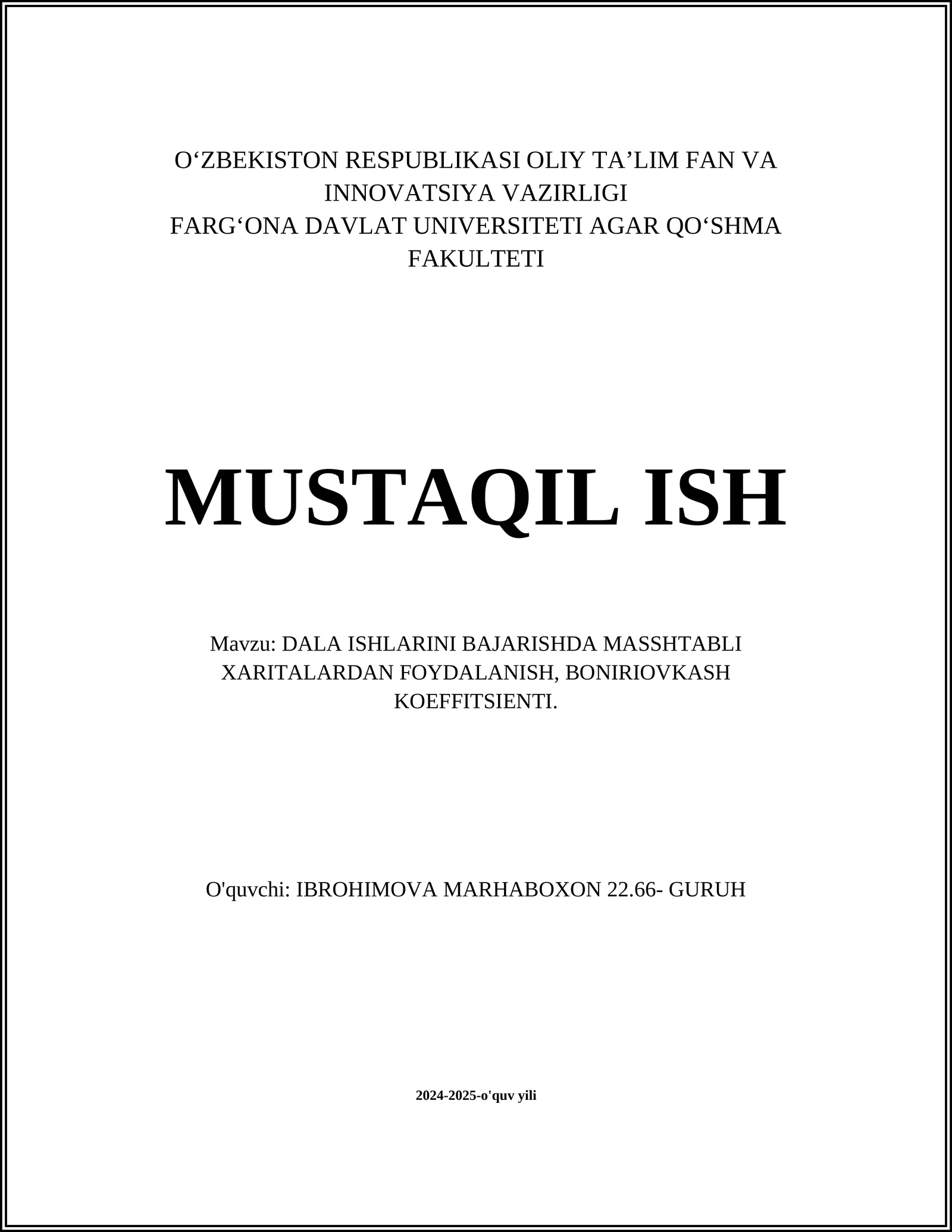 DALA ISHLARINI BAJARISHDA MASSHTABLI XARITALARDAN FOYDALANISH, BONIRIOVKASH KOEFFITSIENTI