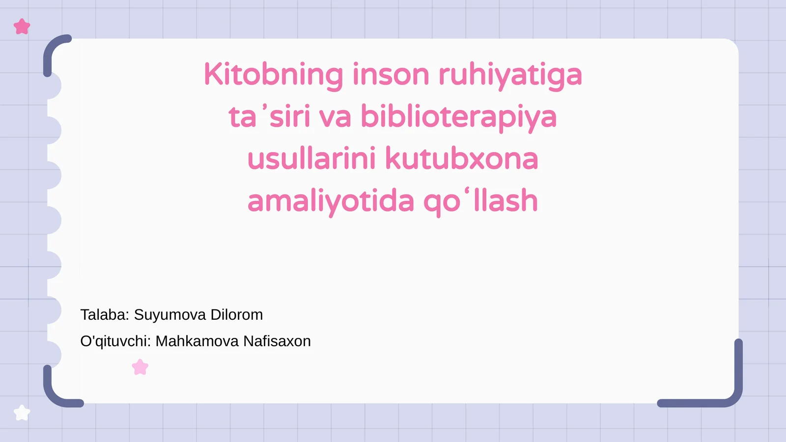 Kitobning inson ruhiyatiga taʼsiri va biblioterapiya usullarini kutubxona amaliyotida qoʻllash
