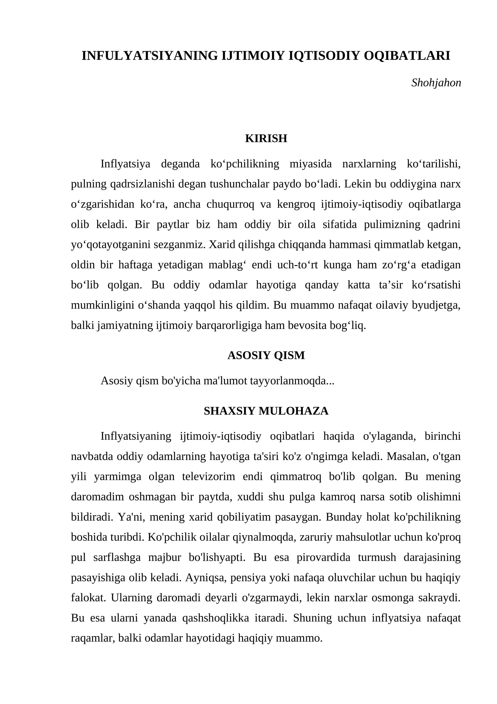 INFULYATSIYANING IJTIMOIY IQTISODIY OQIBATLARI