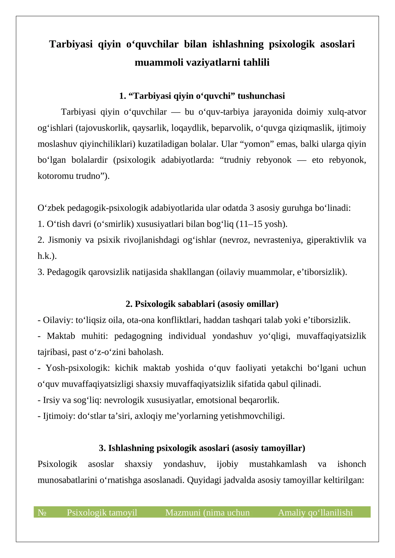 Tarbiyasi qiyin o‘quvchilar bilan ishlashning psixologik asoslari