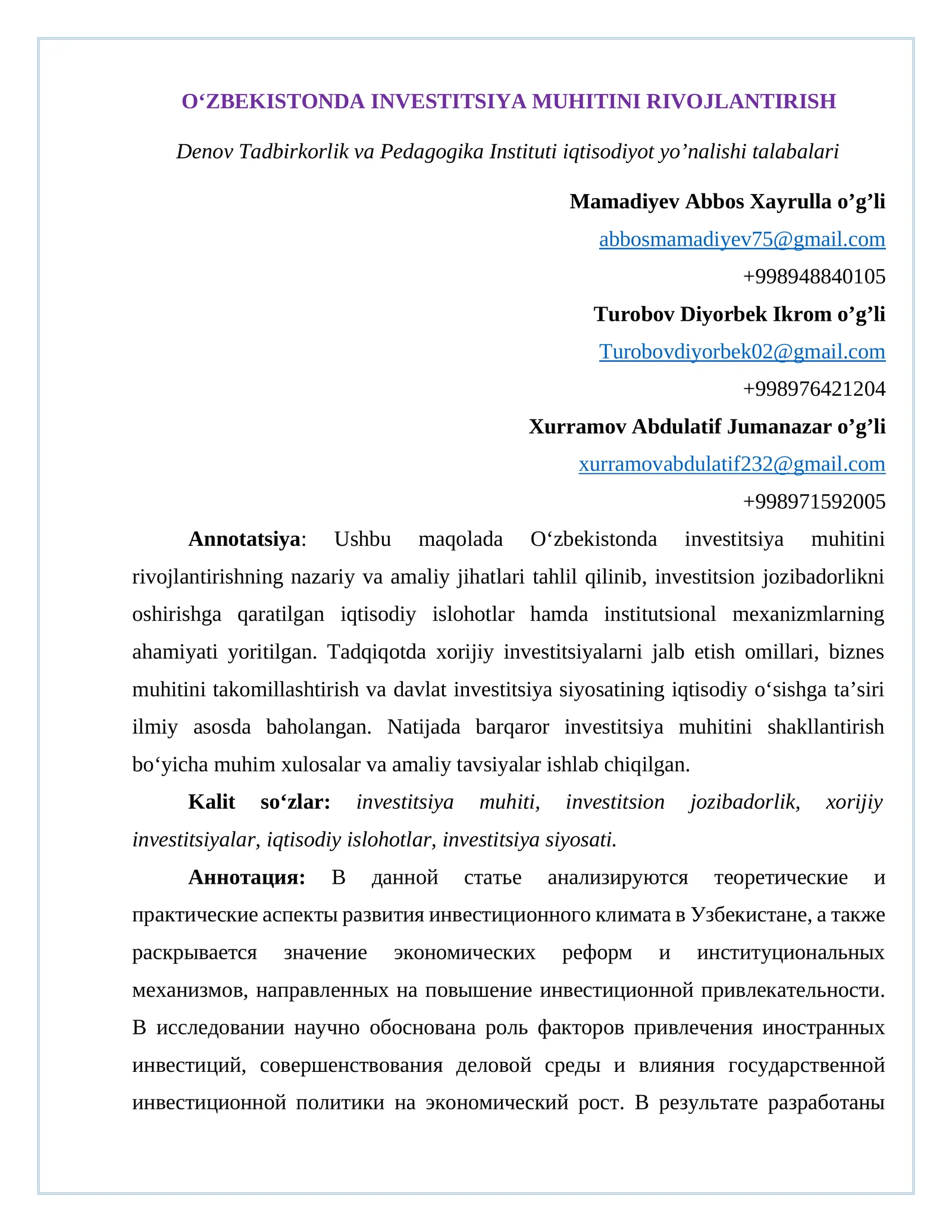 O‘ZBEKISTONDA INVESTITSIYA MUHITINI RIVOJLANTIRISH